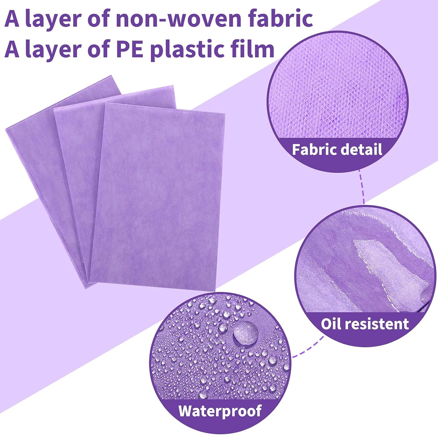 Breling 100 Pcs 31.5 x 71 Inch Disposable Bed Sheets Oil-proof PE Film Massage Table Sheets Non-woven Fabric Spa Waterproof Bed Cover Breathable for Beauty Salon Hotels Tattoo Waxing(Purple)