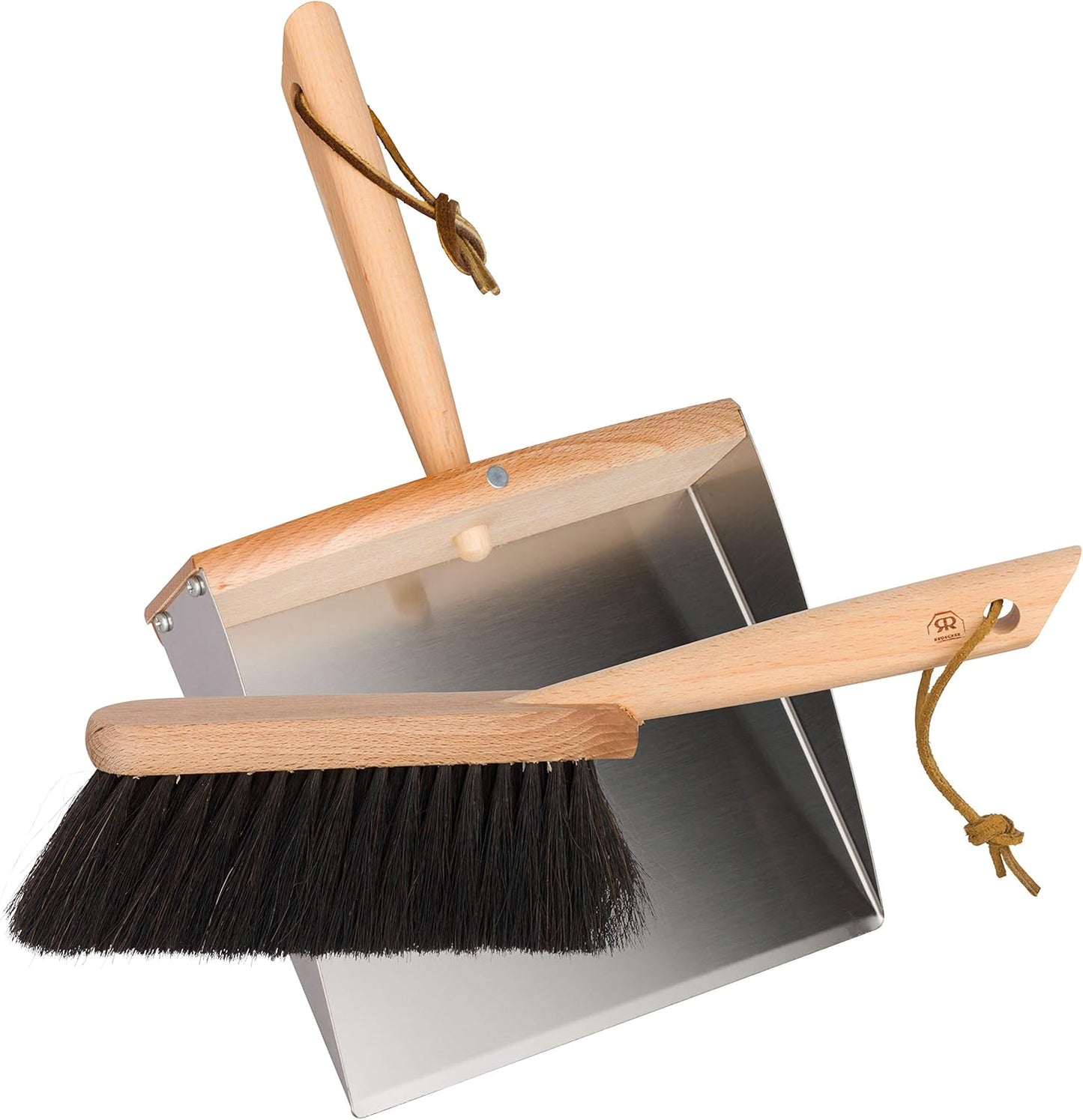 REDECKER Horsehair Fiber Hand Brush and Dust Pan Set, Heavy Duty Broom and Dustpan Combo for Home and Outdoor, Oiled Beechwood Handles, Stainless Steel Dust Pan, Made in Germany, 14-1/8-Inches