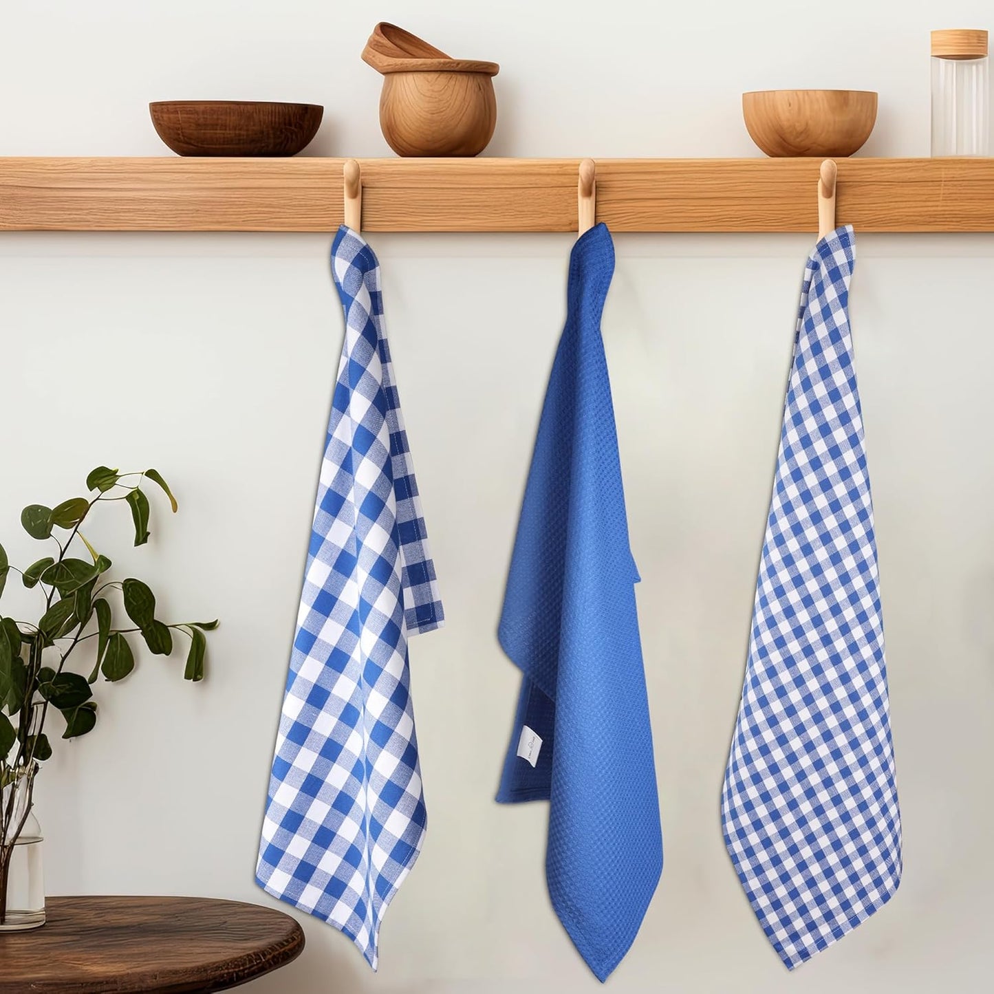 Kitchen Towels Set of 6 Soft Premium Cotton Highly Absorbent Dish Towels 18x28 Inches, Washable & Reusable Tea Towel, Quick Drying Dish Cloths with Hanging Loop - Blue/White, Checks