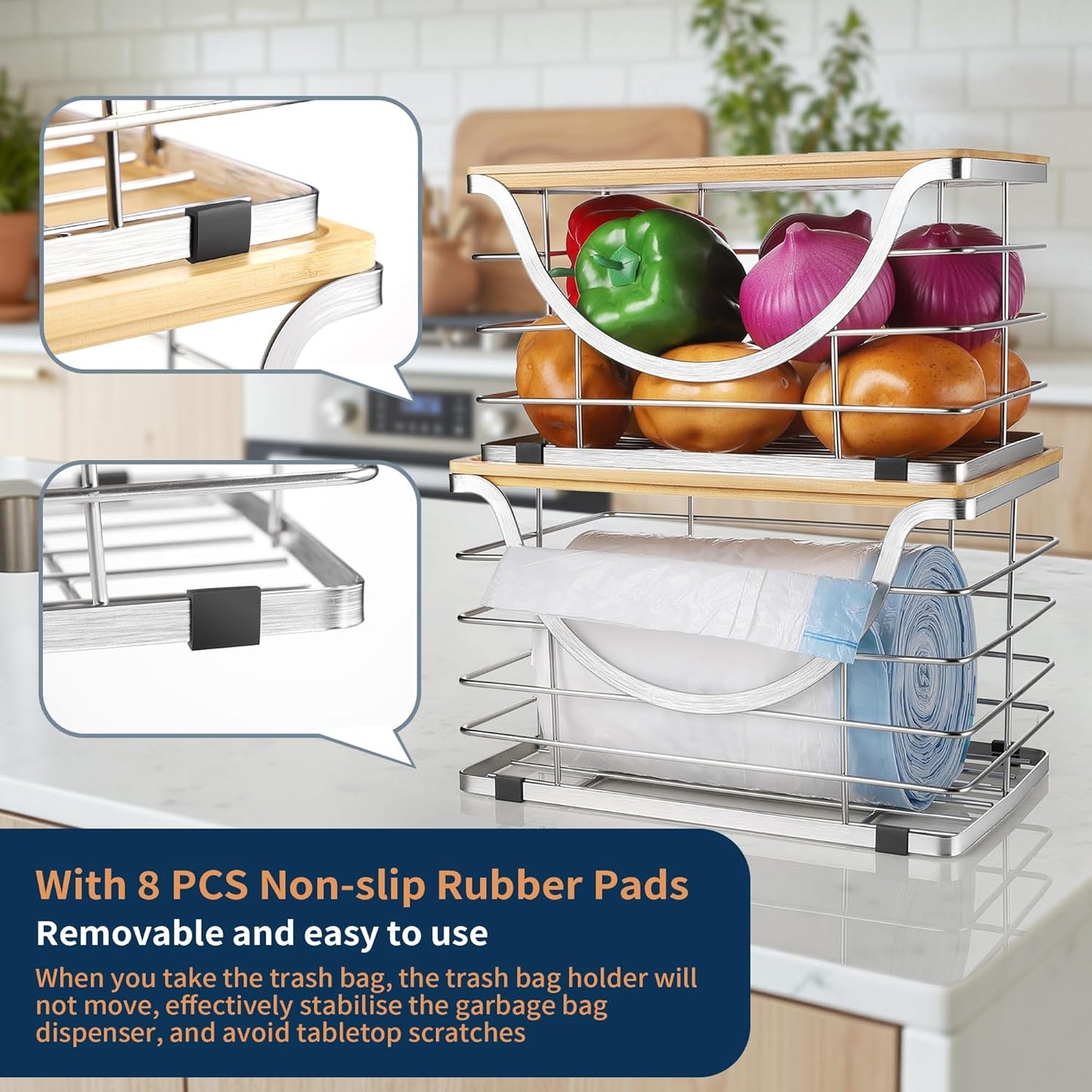 Extra Large Trash Bag Holder Stackable Kitchen Storage Slive, 2 Pack Wall Mounted Pantry Organizers and Storage with Bamboo Top, Garbage Bag Dispenser Under Sink for Laundry Room and Kitchen