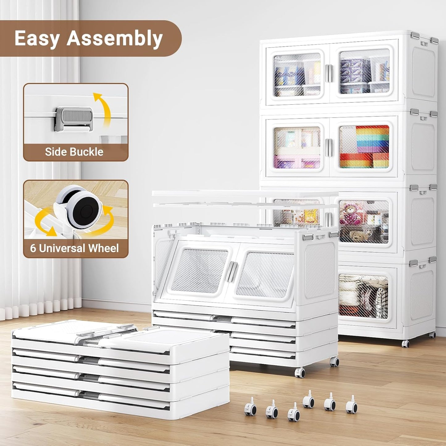 BROVIEW 1200 Qt Stackable Storage Bin with Lid, 300Gal Extra Large Collapsible Storage Boxes, Folding Plastic Drawer, Heavy-Duty Store Cabinet, Closet Organizer for Home Kitchen, 4 Pack White