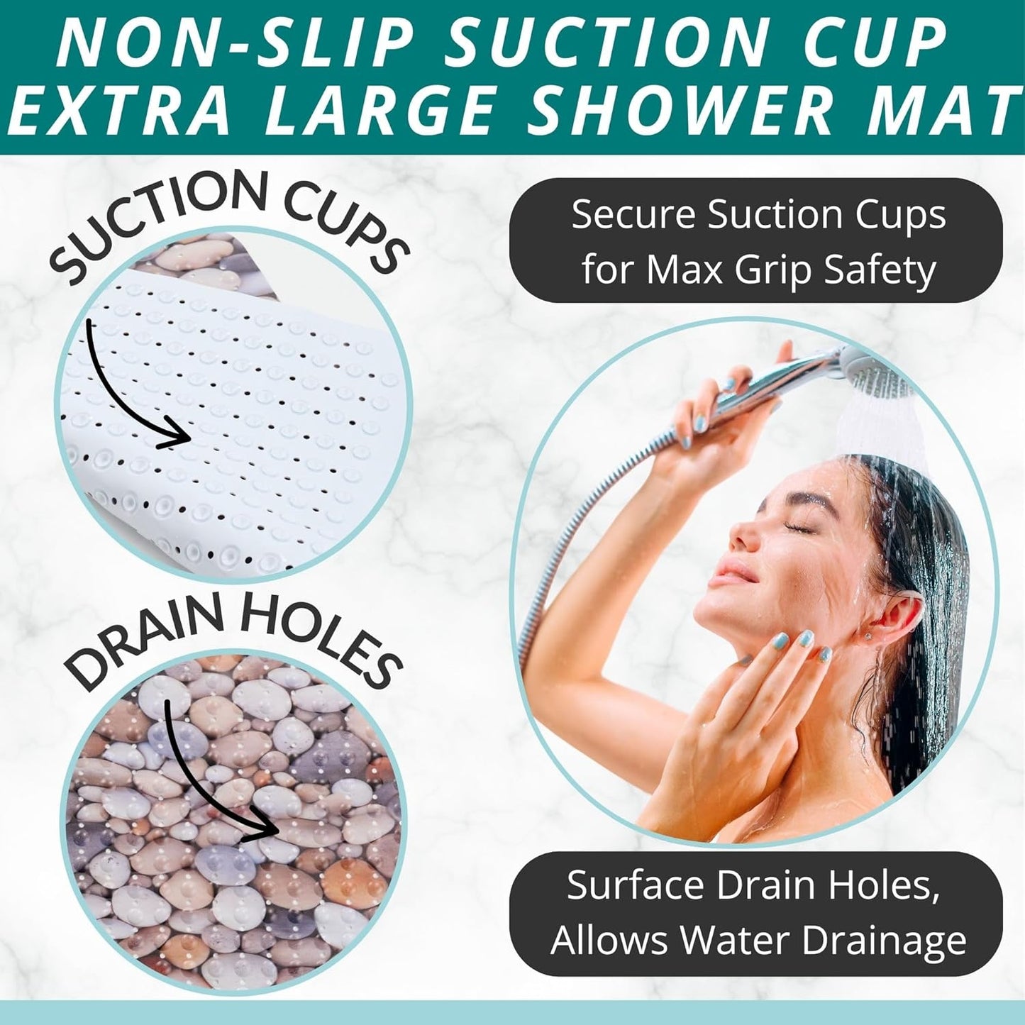 ENKOSI Extra Large Square Non Slip Shower Mat - 31 x 31-inch XL Bathroom Shower Mat - Square Shower Mats for Shower Stall Floors | Secure Suction Cups and Drain Holes (31x31 Pebble Stone)