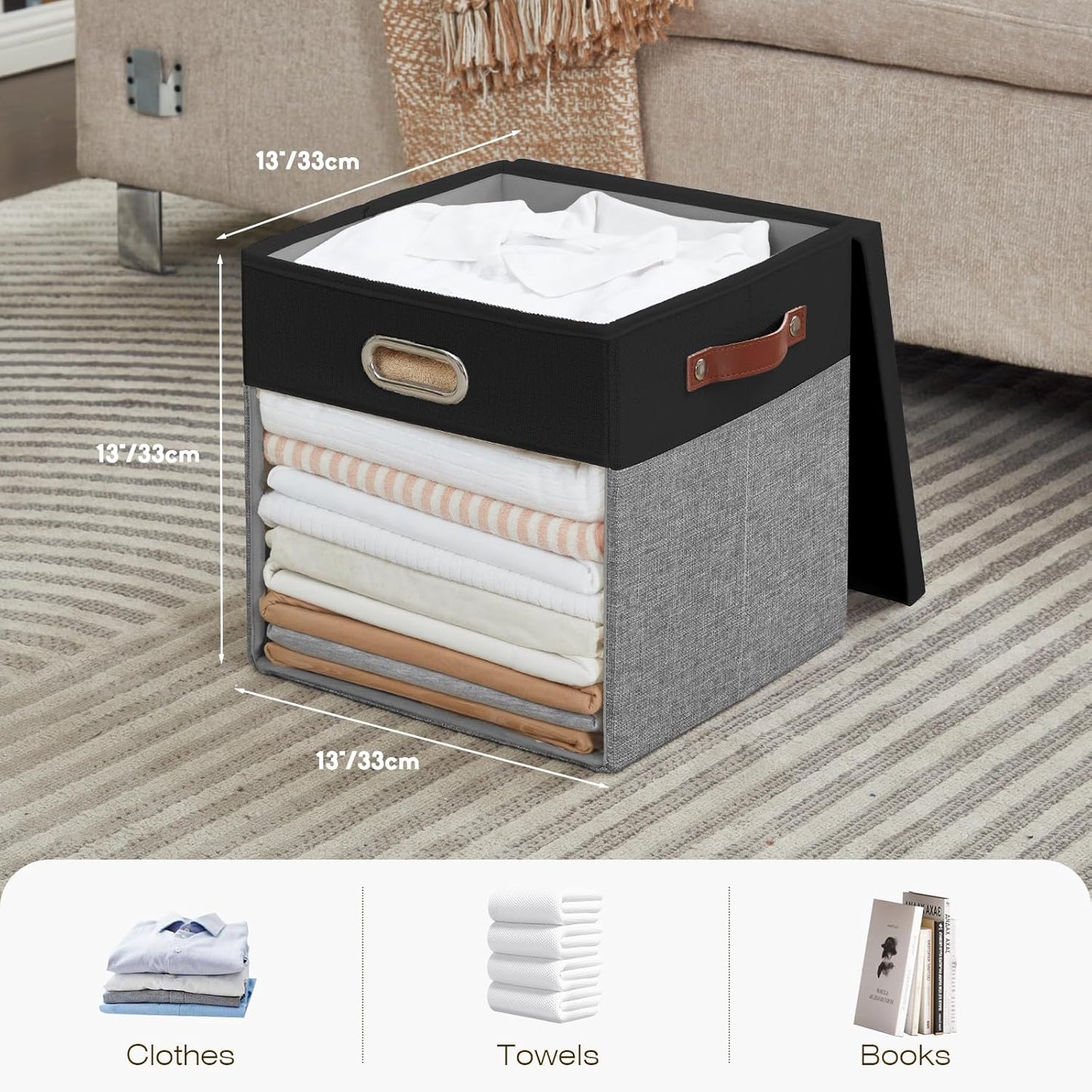Fabric Storage Cubes with Clear Windows and Lids, 13'' Foldable Storage Bins with 3 Handles, Decorative Storage Boxes for Home, Bedroom, Closet, Office (Black&Gray)