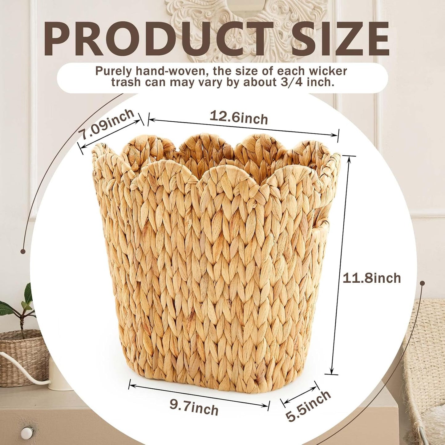 2 Pcs Wicker Trash Can with 50 Small Trash Bag Wicker Waste Woven Basket with Handles Clear Multi Use Garbage Bags for Bathroom Kitchen Bedroom (Calabash Vine,Scalloped Brim)