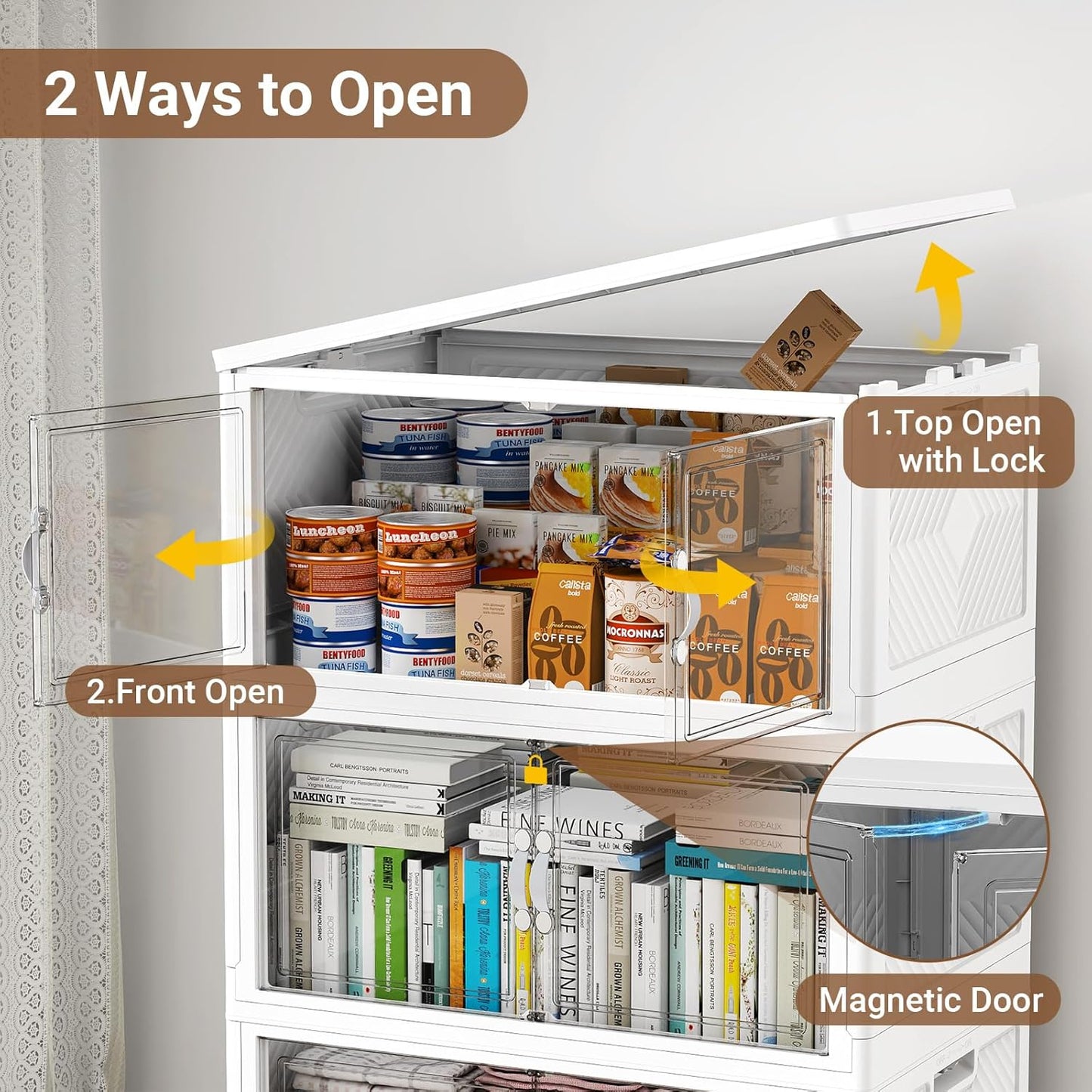 BROVIEW 300QT Extra Large Stackable Storage Bins, 75Gal Clear Plastic Closet Organizer Cabinet with Lid and Wheels, Collapsible Latch Boxes Folding Drawer with Door for Home Kitchen, V20 3Pack White