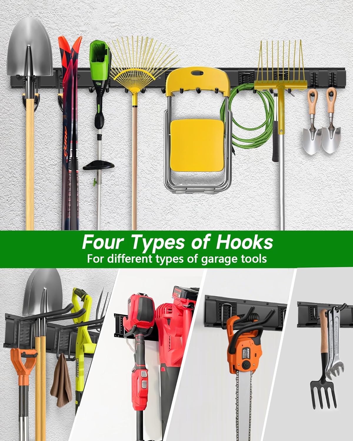 64 inches Garage Tool Organizer Wall Mount, Heavy Duty Garden Tool Organizer Rack, Hanging Storage Organization Racks Holder with 10 Hooks, for Lawn Tools, Shovel, Shed