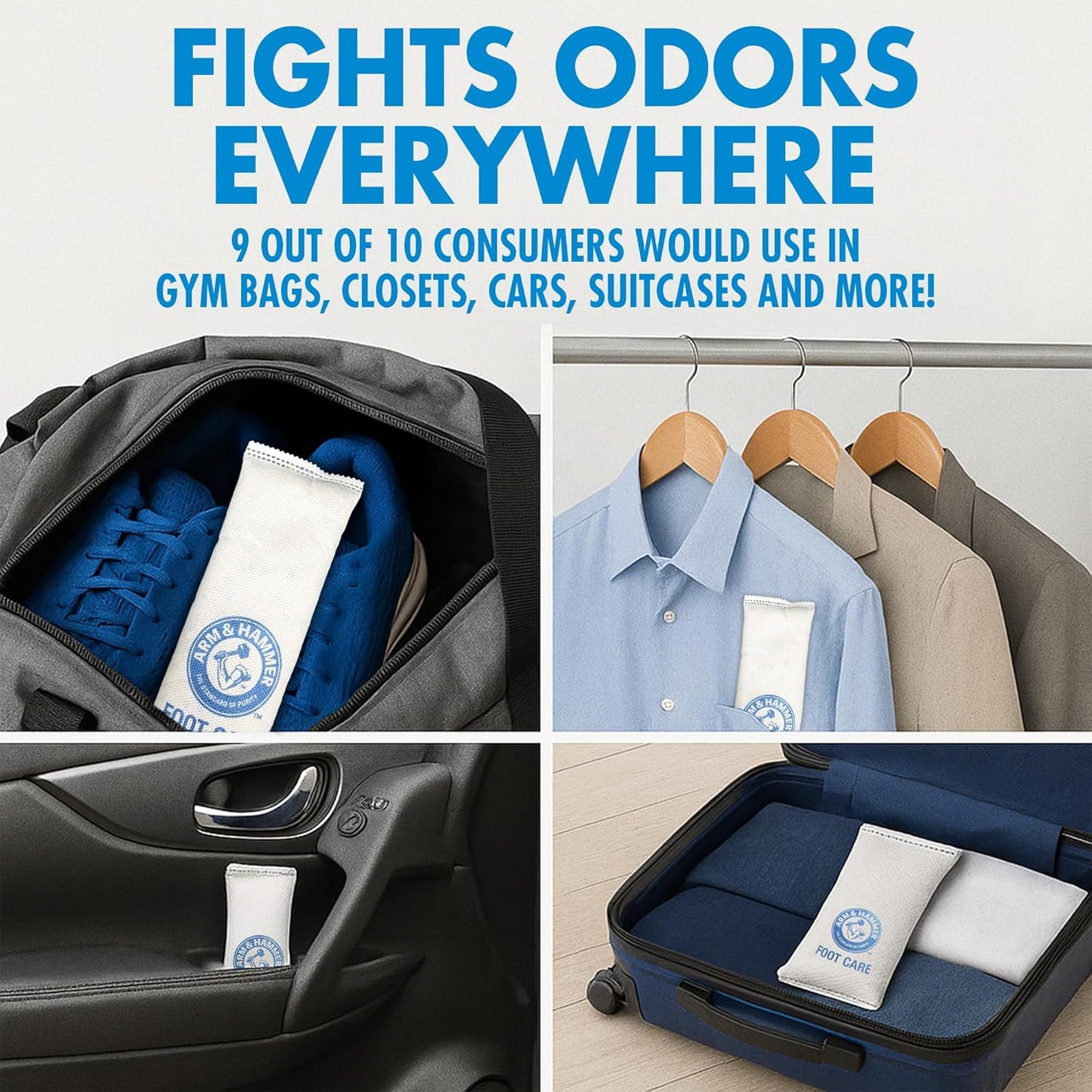 Arm & Hammer In-Shoe Odor Destroying Pouches, Shoe Deodorizer Insert for Reducing Odor and Absorbing Moisture, Smell Eliminator for All Footwear, Gym Bags and Work Boots (2 Pairs)