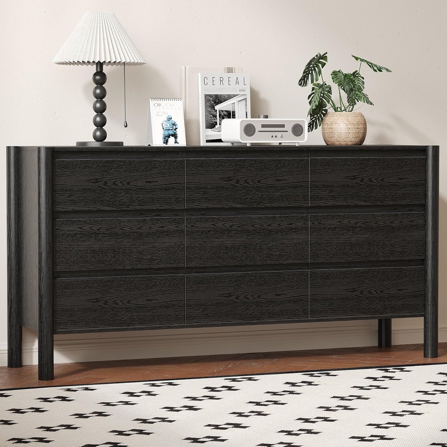 Dresser for Bedroom with 9 Drawers,63" Wide Black Dresser with 4 Solid Wood Legs, Wooden TV Stand,Closet Clothes Organizer for Bedroom, Hallway