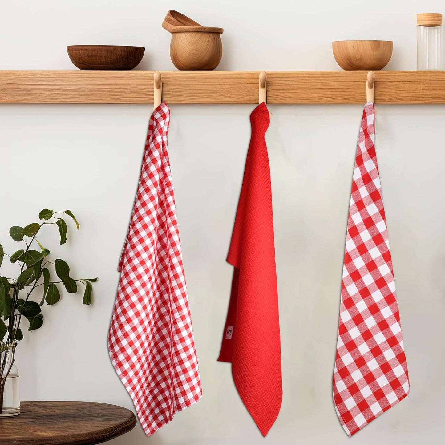 Kitchen Towels Set of 6 Soft Premium Cotton Highly Absorbent Dish Towels 18x28 Inches, Washable & Reusable Tea Towel, Quick Drying Dish Cloths with Hanging Loop - Red/White, Checks