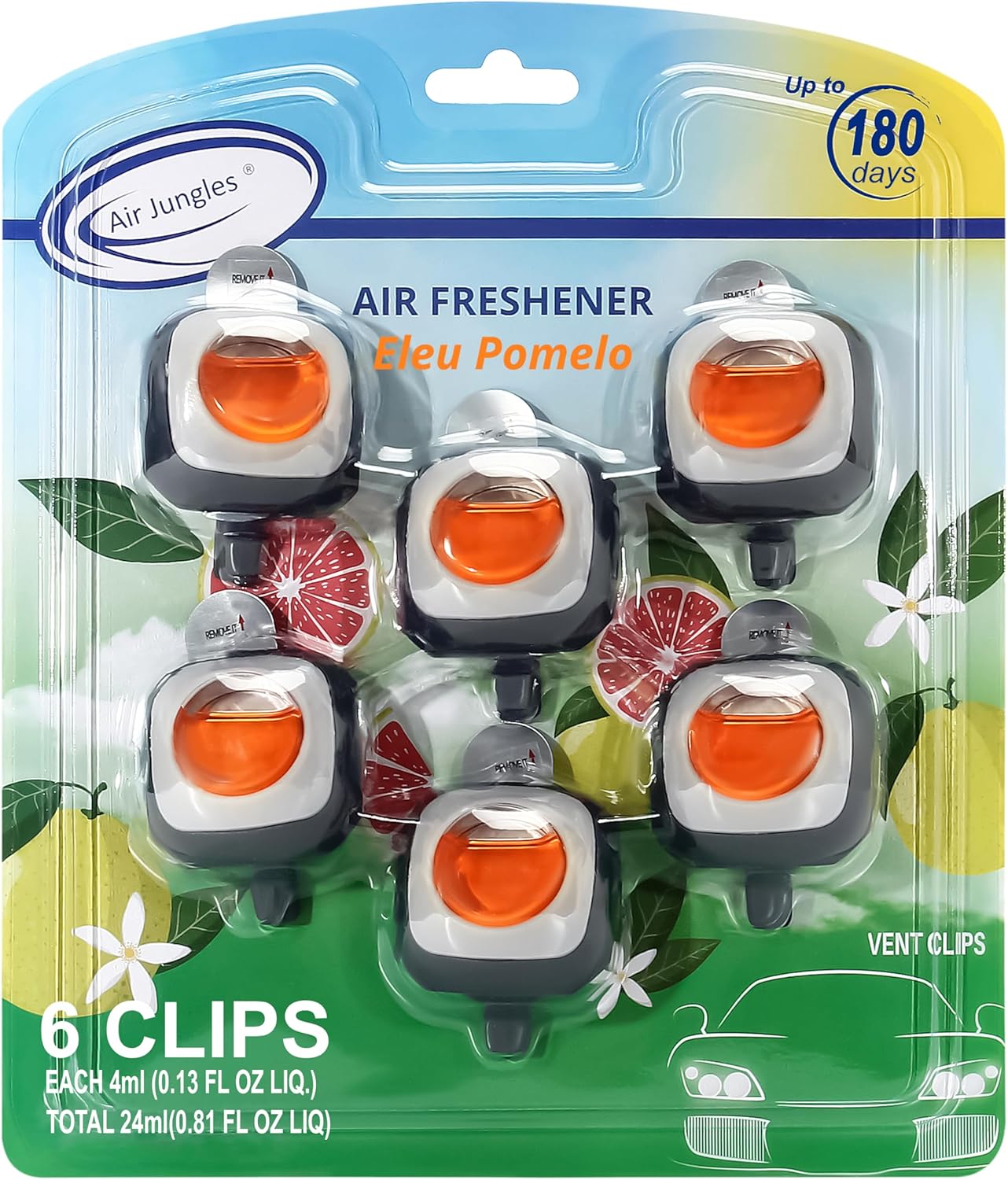 Air Jungles Eleu Pomelo Scent Car Air Freshener Clip, 6 Vent Clips, 4 ml Each, Long Lasting Air Freshener, Up to 180 Days Car Refresher Odor Eliminator