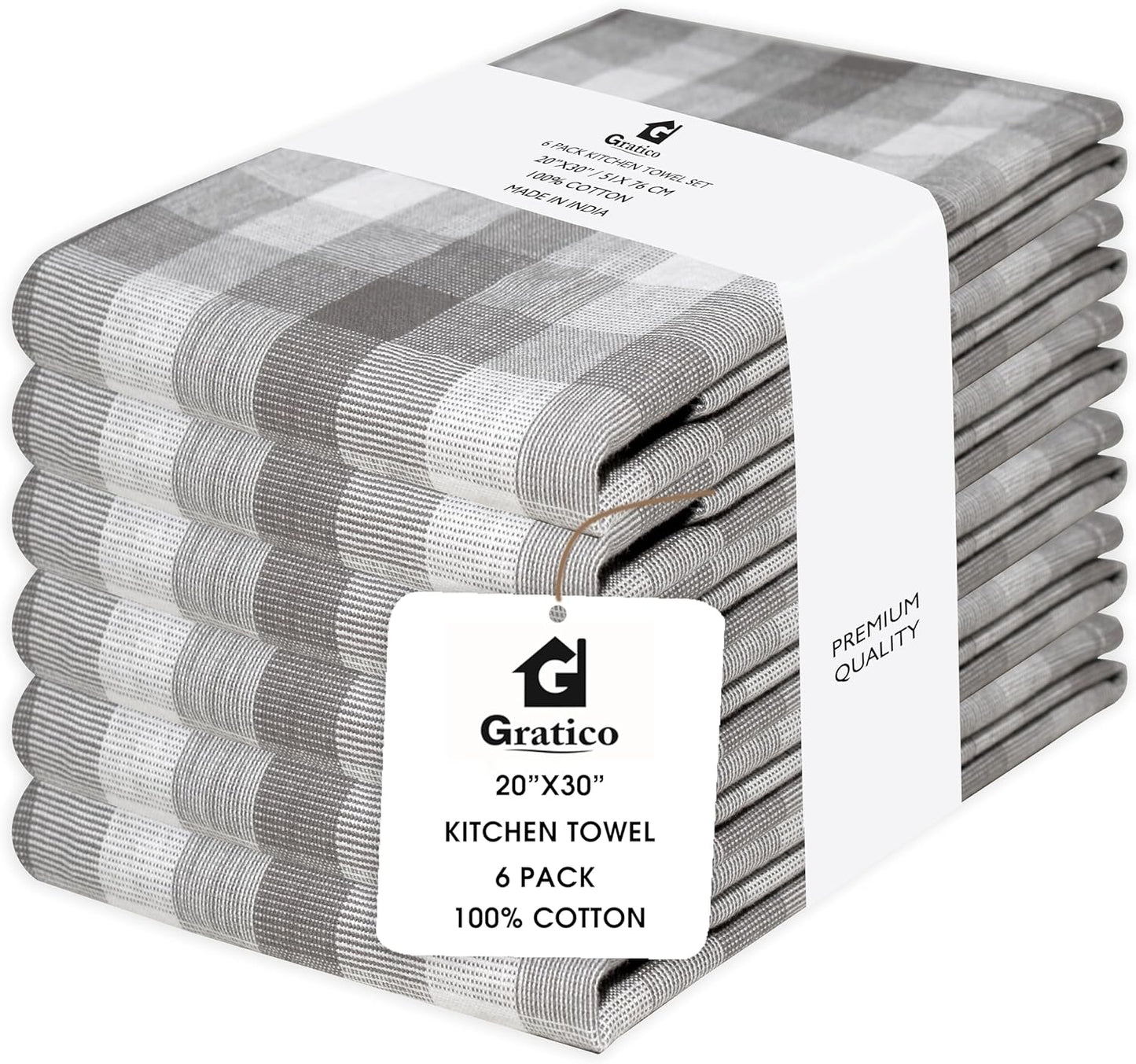 Kitchen Towels Set of 6 Grey/White Checks 20x30 Inches 100% Cotton Highly Absorbent Kitchen Towels