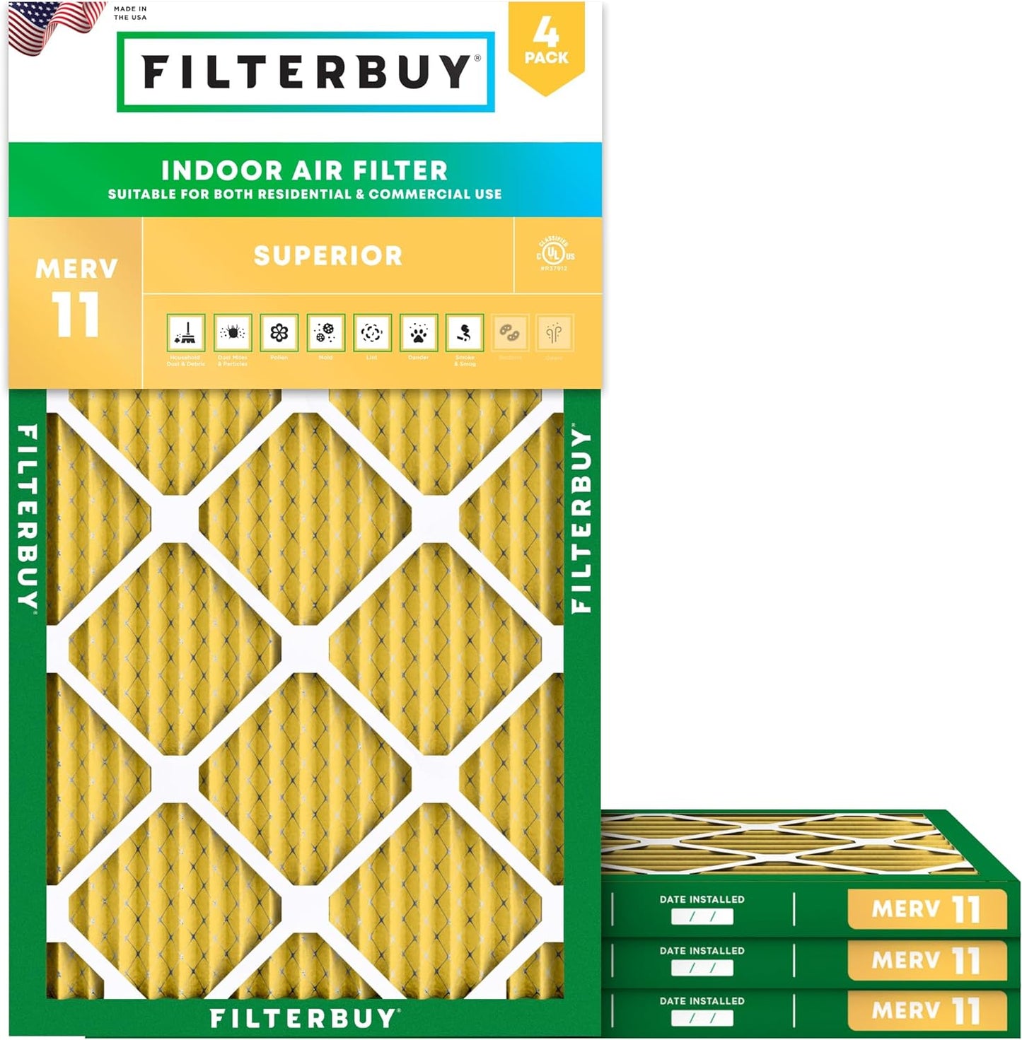 Filterbuy 10x25x1 Air Filter MERV 11 (MPR 1200) Allergen Defense Replacement (4-Pack), Electrostatic Pleated HVAC AC Furnace Filters, Made in USA (Actual Size: 9.75 x 24.75 x 0.75)