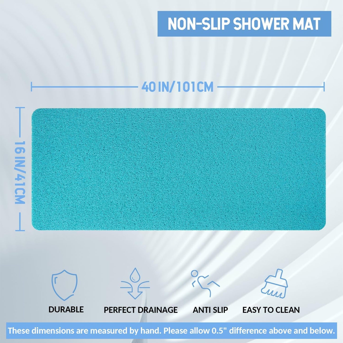 Non-Slip Bathtub Mat, Anti Slip Shower Mat, Fast Drying Bathtub Mats, Foot Scrubber Mat, Anti Slip Mat for Tub, Floor, Bathroom, Kitchen, Home, Hotel (Turquoise Blue 40"×16")