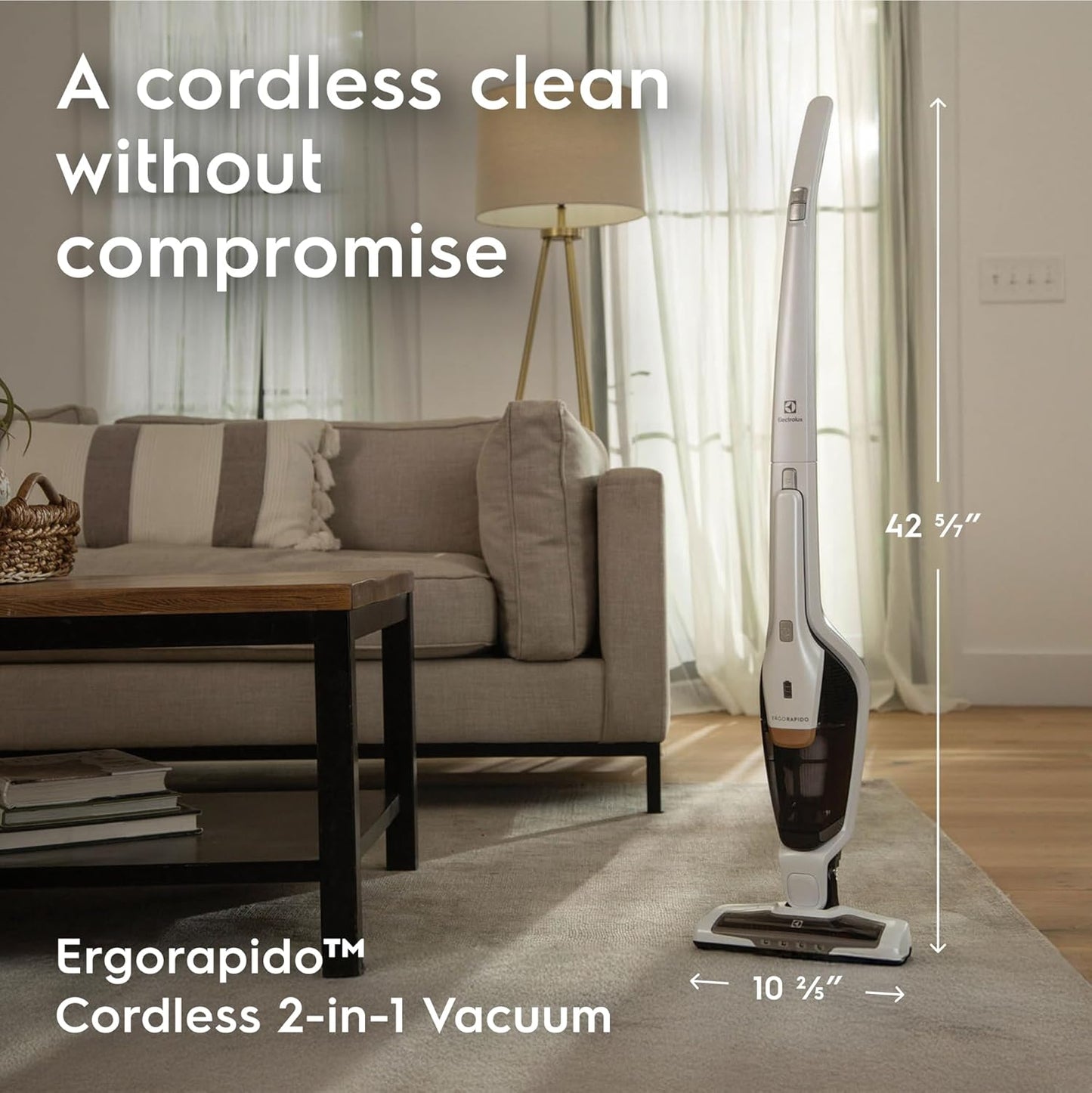 Electrolux Ergorapido Cordless 2-in-1 Vacuum Cleaner with High Suction Power and 180-Degree EasySteer Mobility, 48-Minute Run Time, 2 Power Modes, Satin White
