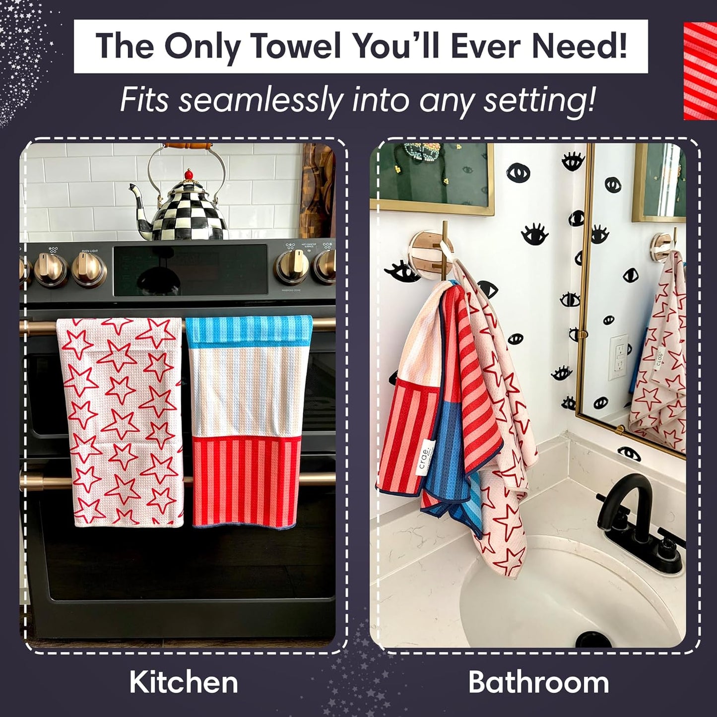 2 Double Sided Microfiber Hand Towels, 17x27 Inches Waffle Design Kitchen Towels Set, Durable & Soft Fast Drying Hand Wash Cloth, Everyday Dishcloth Use at Home (Stars & Stripes - Red, Blue, Cream)