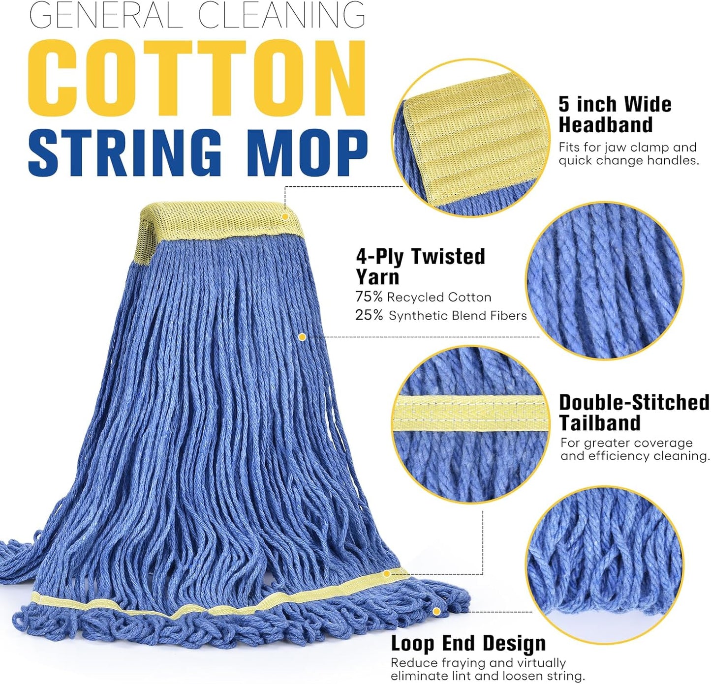 Matthew Cleaning Commercial Mop Head Replacement, 5 Inch Wide Headband, Looped End Cotton Blend String Wet Mops for Floor Cleaning, 24 oz Large, Case Pack 12 Pcs Blue