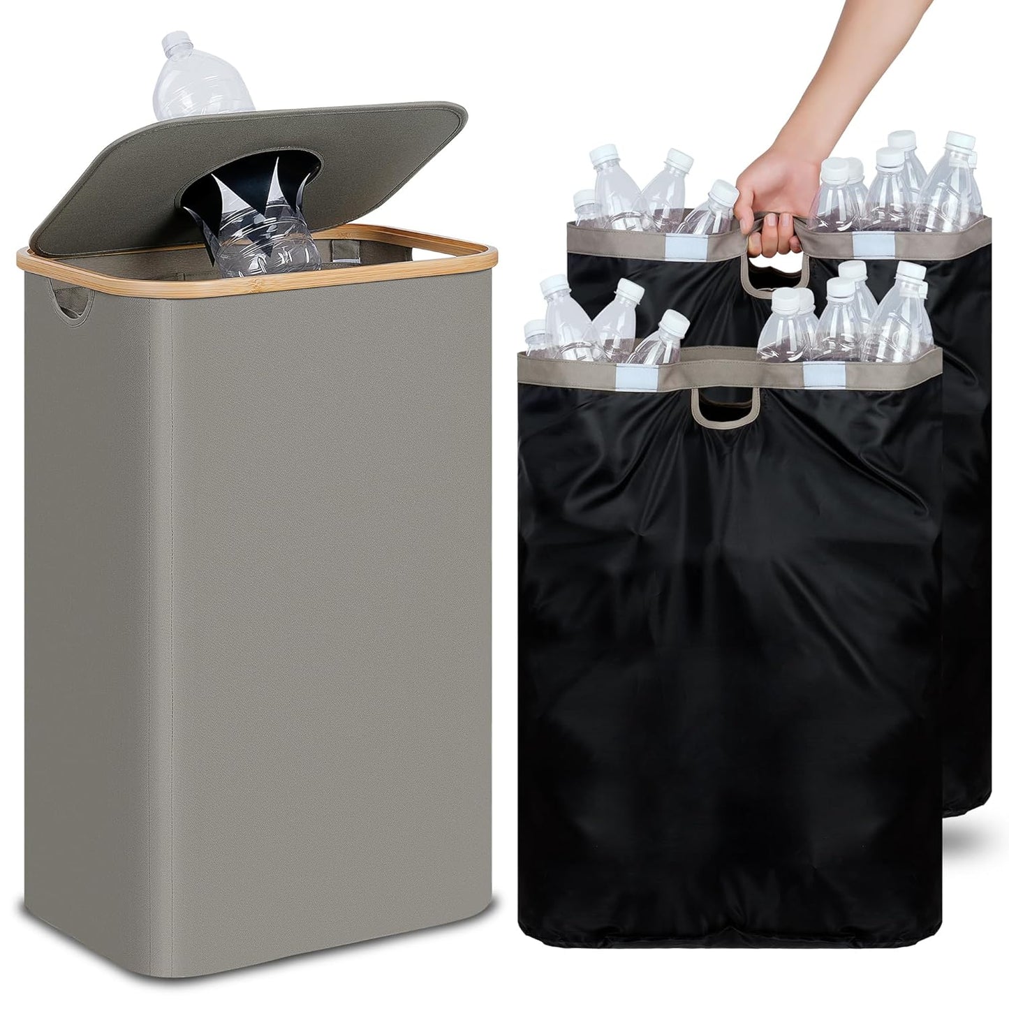 efluky Recycle Bin 26 Gallon, 100L Recycle Bin for Kitchen with 2 Removeable and Reusable Inner Bag, Large Recycling Bin with Lid for Bottle Can Plastice Stickers (Grey)