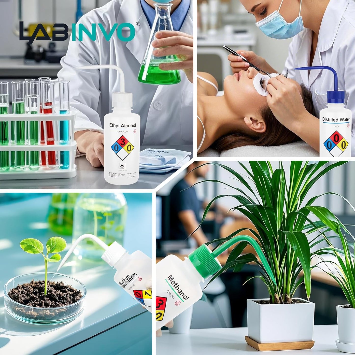 4pcs of Methanol Wash Bottles, Vol.500ml (17oz), Narrow Mouth, Self-Venting Safety Wash Bottles, LDPE Material, IN-WBM500