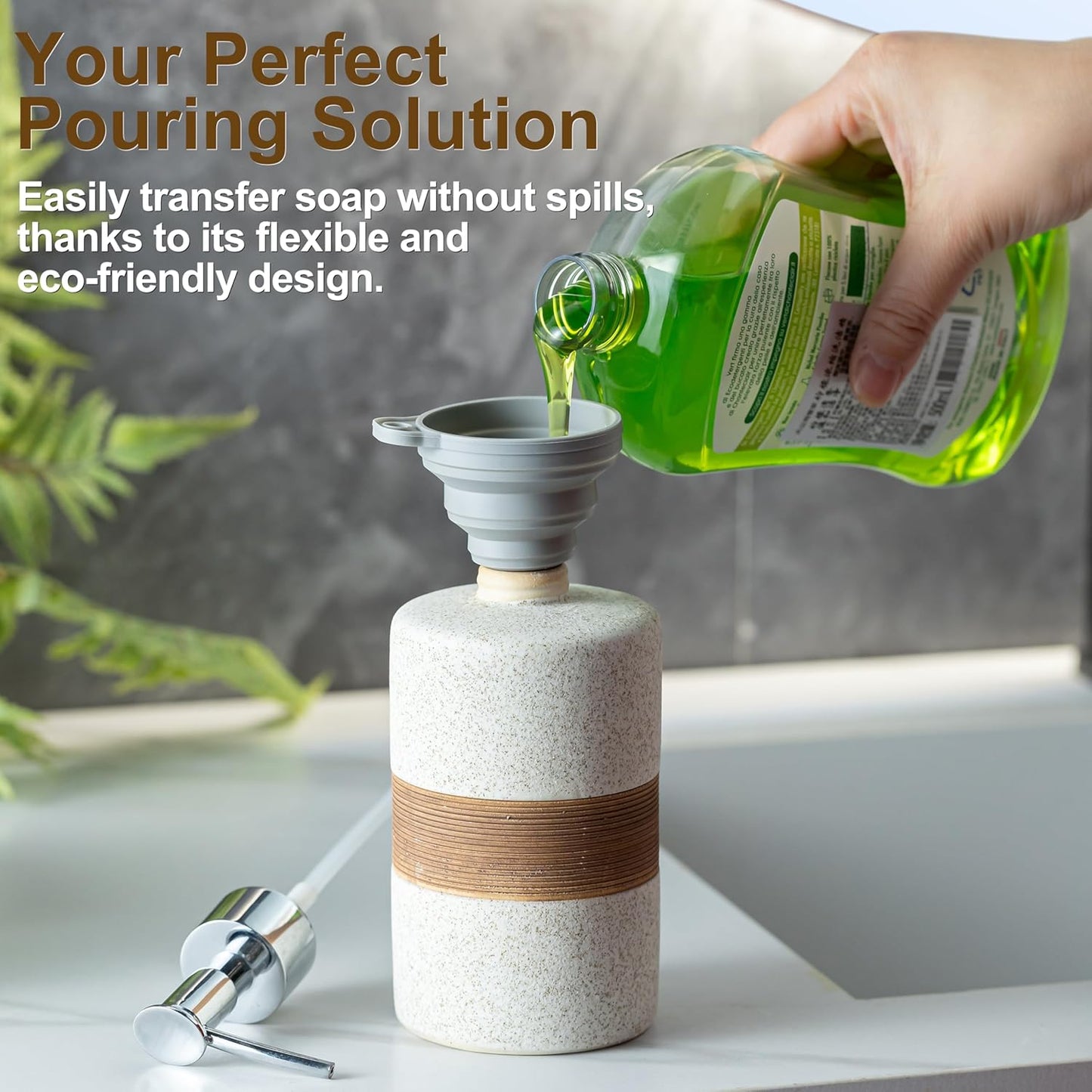 Soap Dispenser for Kitchen & Bathroom, Dish Soap, Hand Soap, Shampoo, Conditioner Dispenser Bottle with Stainless Steel Pump, Includes Silicone Funnel, Non-Slip Design, Kitchen Decor, White