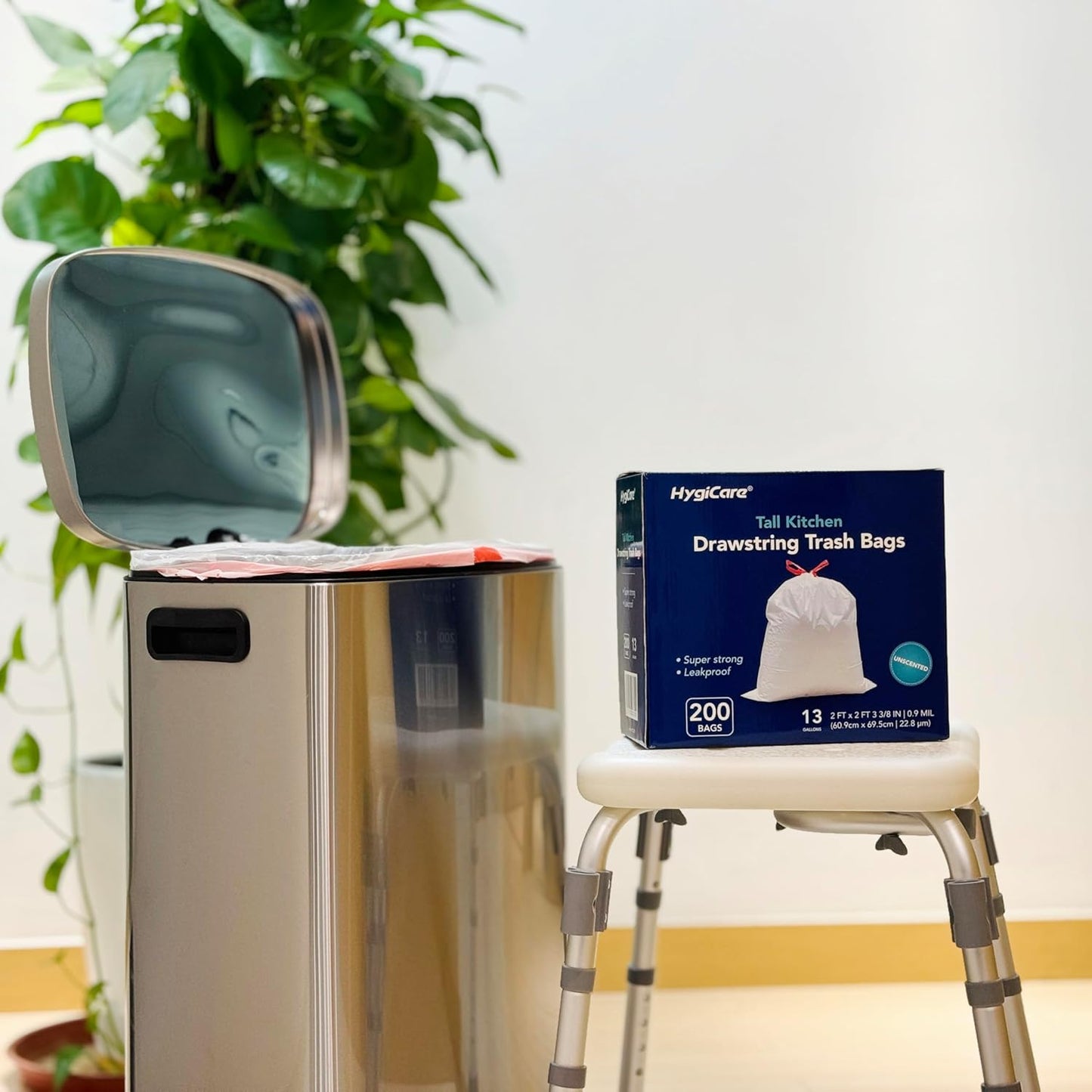 13 Gallon Tall Kichen Trash Bags, Unscented 200 Count Drawstring Garbage Bags, Pre-Separated, Ultra Strong, Leakproof, Sturdy, White