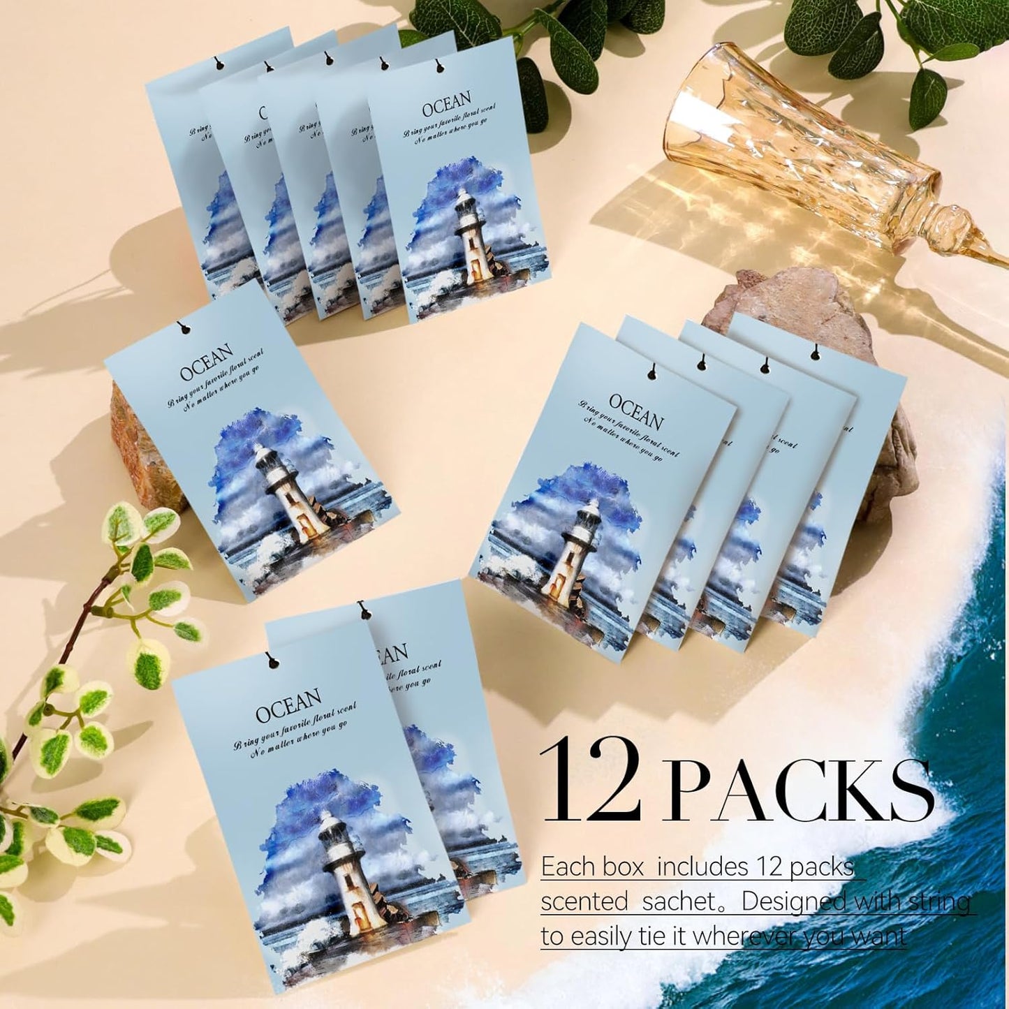 Ocean Scented Sachet Bags - 12 Pack Closet Freshener Odor Eliminator, Long Lasting Home Fragrance for Drawers, Wardrobes & Cars, House Smell Good Products, Air Freshener for Closet