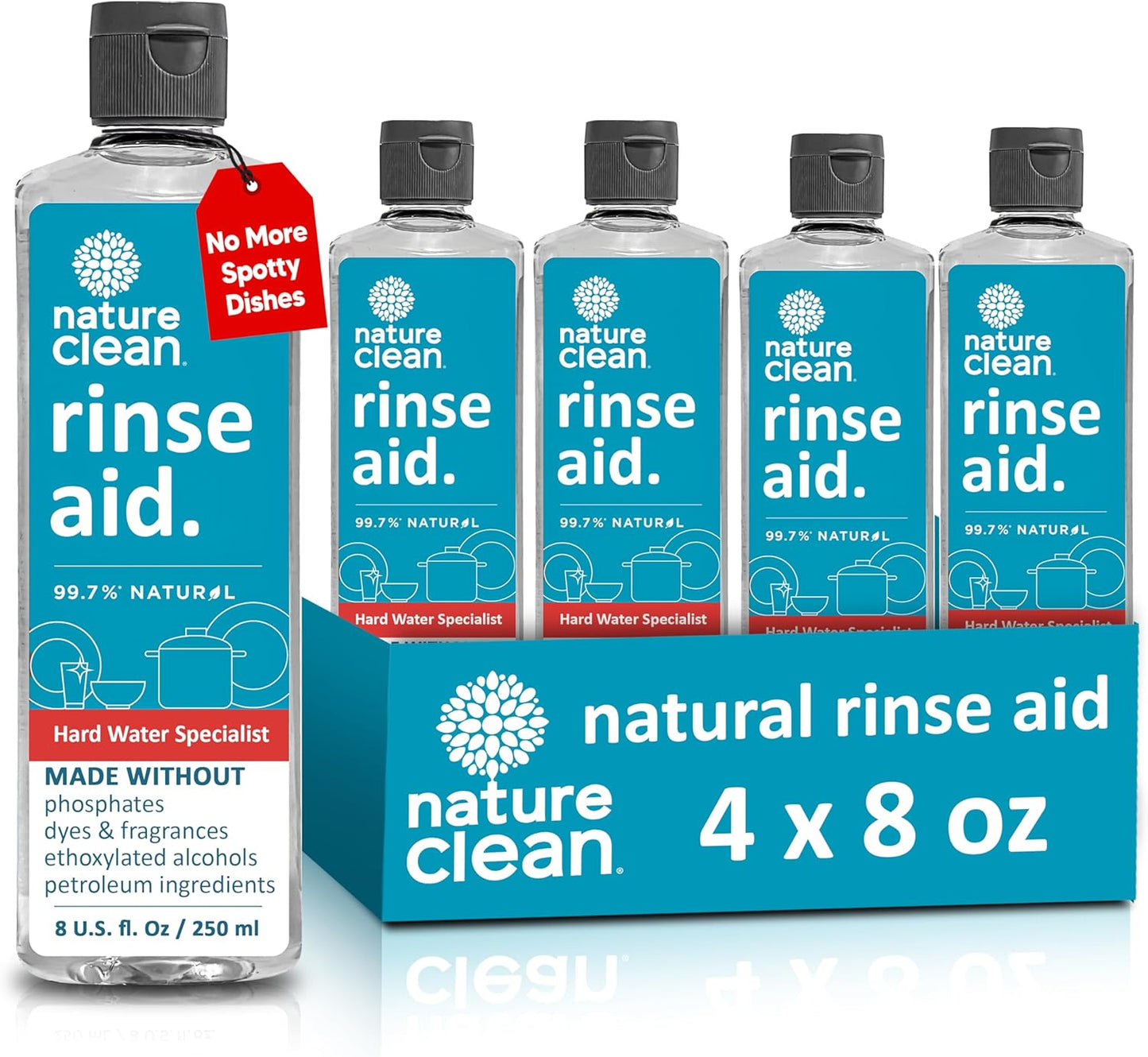 Nature Clean All Natural Dishwasher Rinse Aid Cleaner, Liquid Dishwasher Rinse Agent for Spot-Free Glass & Cutlery in Hard Water, Non Toxic Dish Washer Rinse Aid & Stain Remover, 8 oz/250ml, Pack of 4