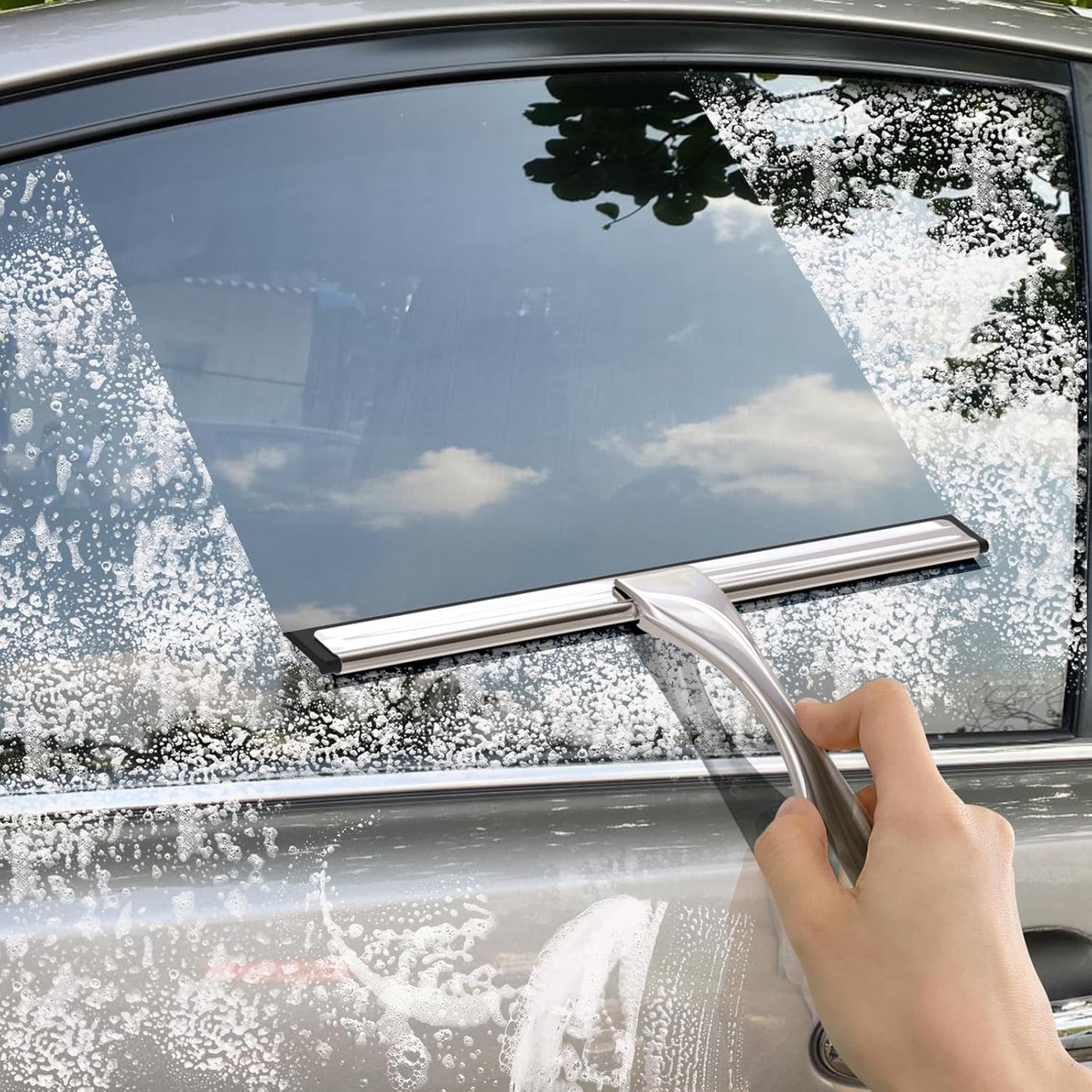 All-Purpose Stainless Steel Shower Squeegee for Glass Doors with Adhesive Hooks, Squeegee for Shower Glass, Bathroom Household Cleaner Tool for Window Mirror Tile Wall Car, 12 inch, Silver