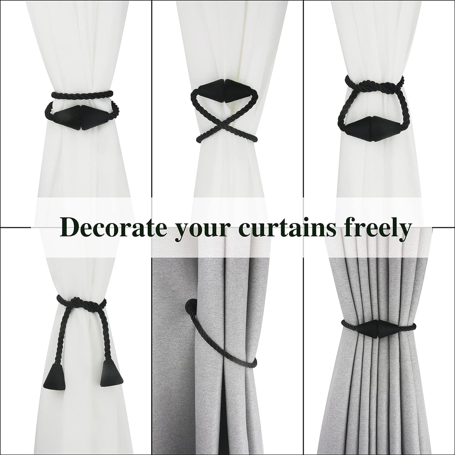 6 Pack Magnetic Curtain Tiebacks Rope Modern Handmade Curtain Tie Backs Decorative Drapes Weave Holdbacks for Window Décor, Black