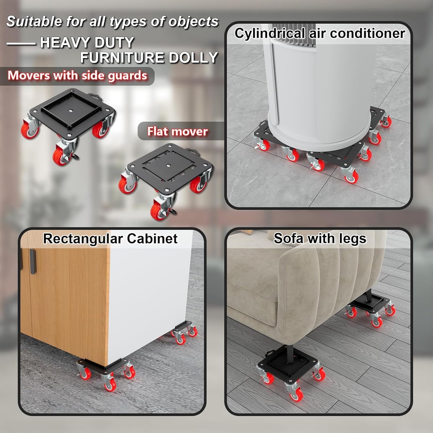 Furniture Dolly 5 Wheels Heavy Duty with Removable Side Guards,3307 Lbs Capacity,360° Rotating Wheels & Side Brake,Furniture Movers Lifter Tool with Wheels for Appliances,Sofas,Beds,Pianos