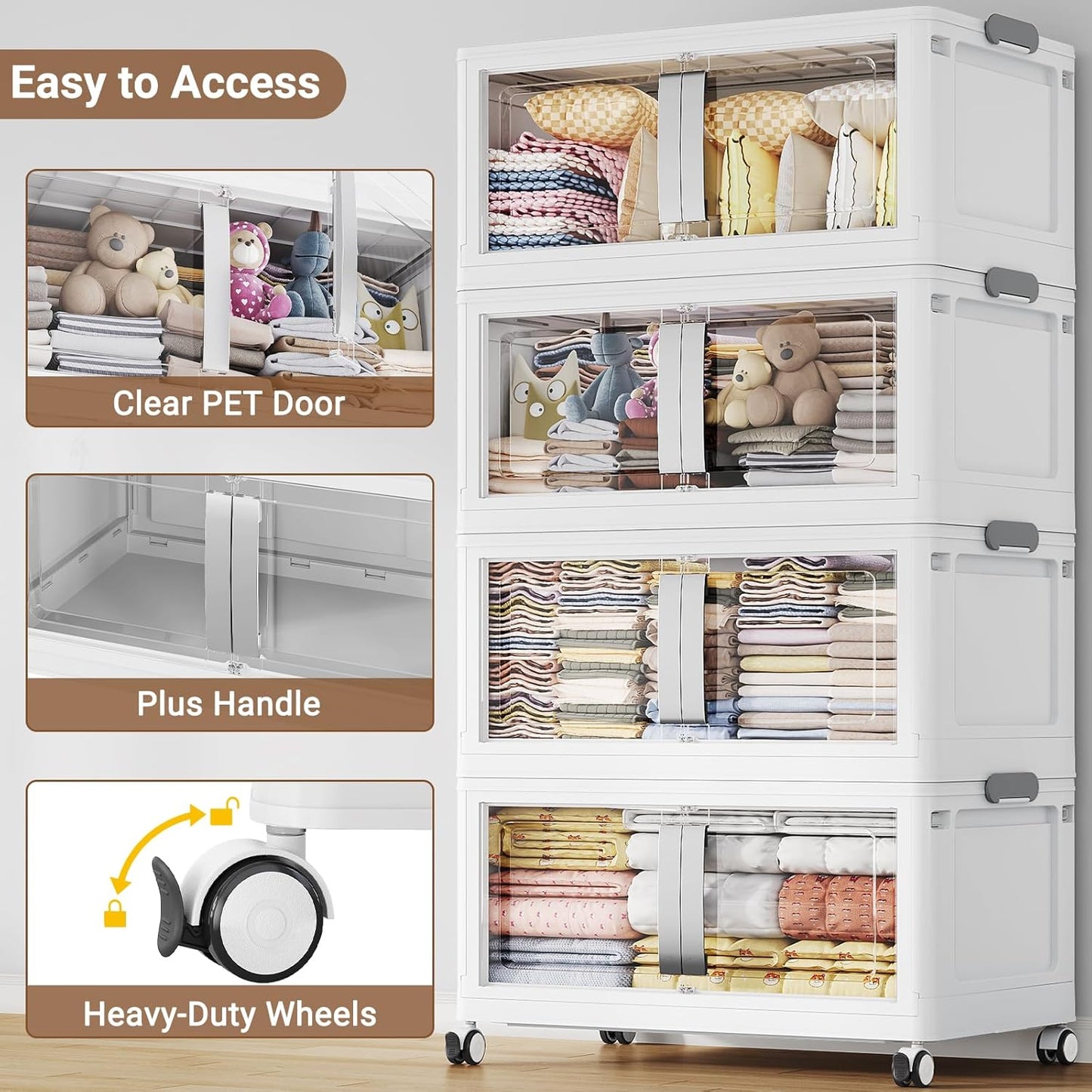 BROVIEW 640QT Stackable Storage Bins with Lids, 160Gal Extra Large Collapsible Storage Box with Wheel, Plastic Storages with Clear Door Open Front for Home Kitchen Garage, White-4pack(4 lids)