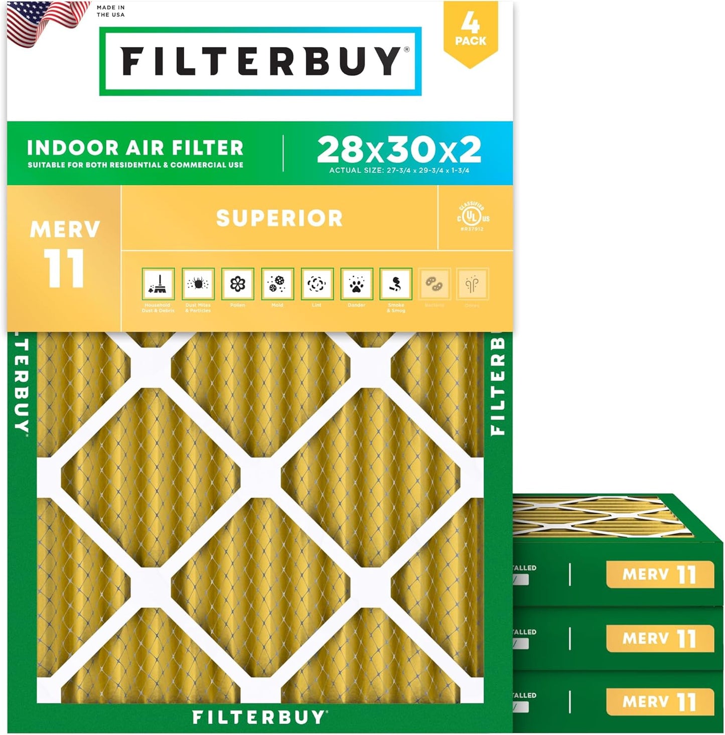 Filterbuy 28x30x2 Air Filter MERV 11 (MPR 1200) Allergen Defense Replacement (4-Pack), Electrostatic Pleated HVAC AC Furnace Filters, Made in USA (Actual Size: 27.75 x 29.75 x 1.75)