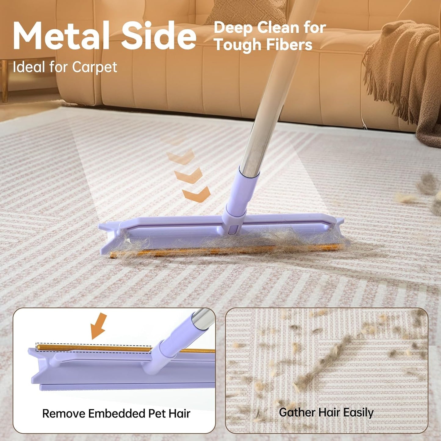 Carpet Rake for Pet Hair Removal, 59” Adjustable Long Handle Carpet Scraper for Cat Dog Hair Deep Cleaner, Reusable Pet Hair Removal Tool for Rugs, Mats, Couch, Sofas, Floor, Car Seats