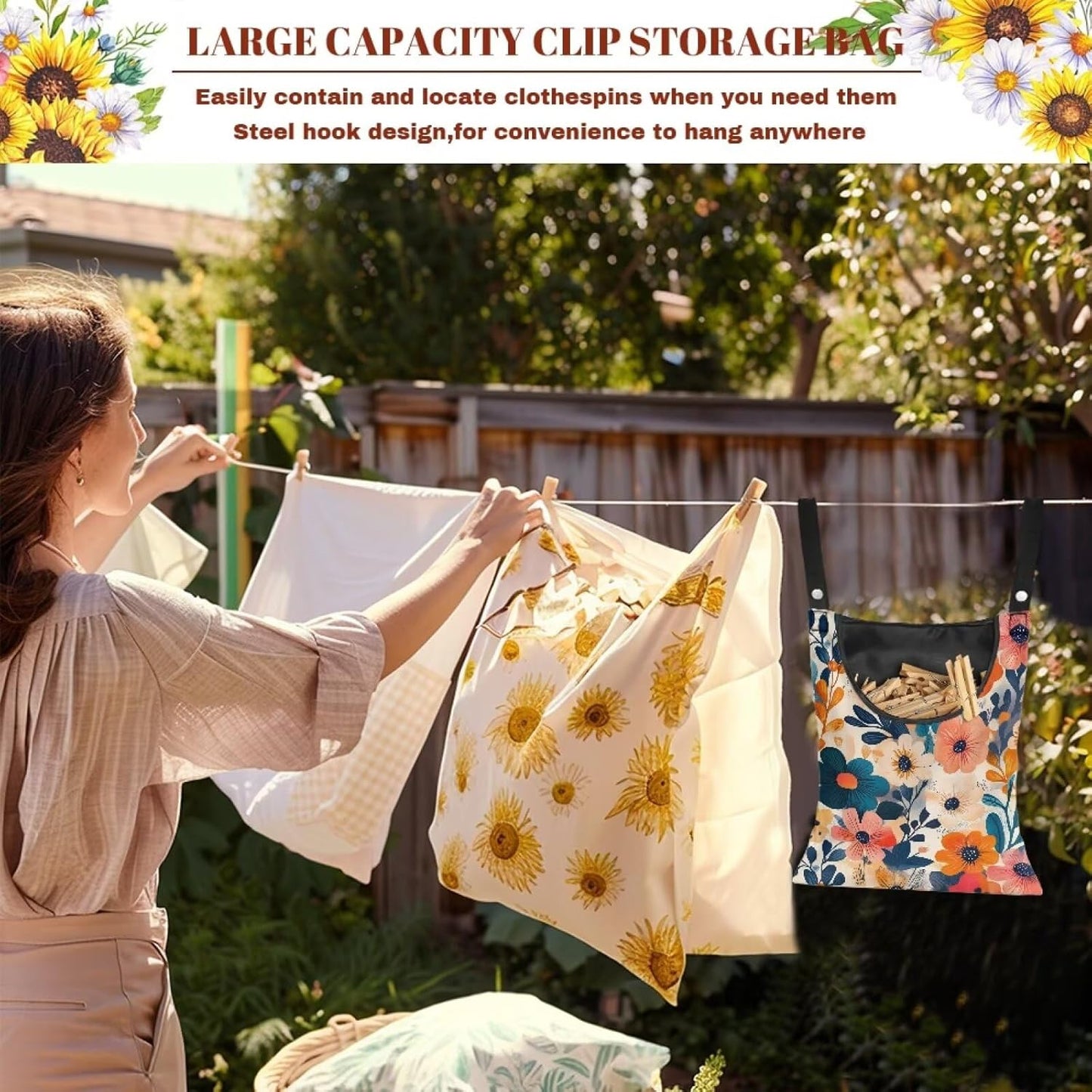 Colorful Gorgeous Flowers Rotatable Clothespin Storage Bag - Large Opening Waterproof Organizer for Laundry Room, Garden and Clothesline Hanging