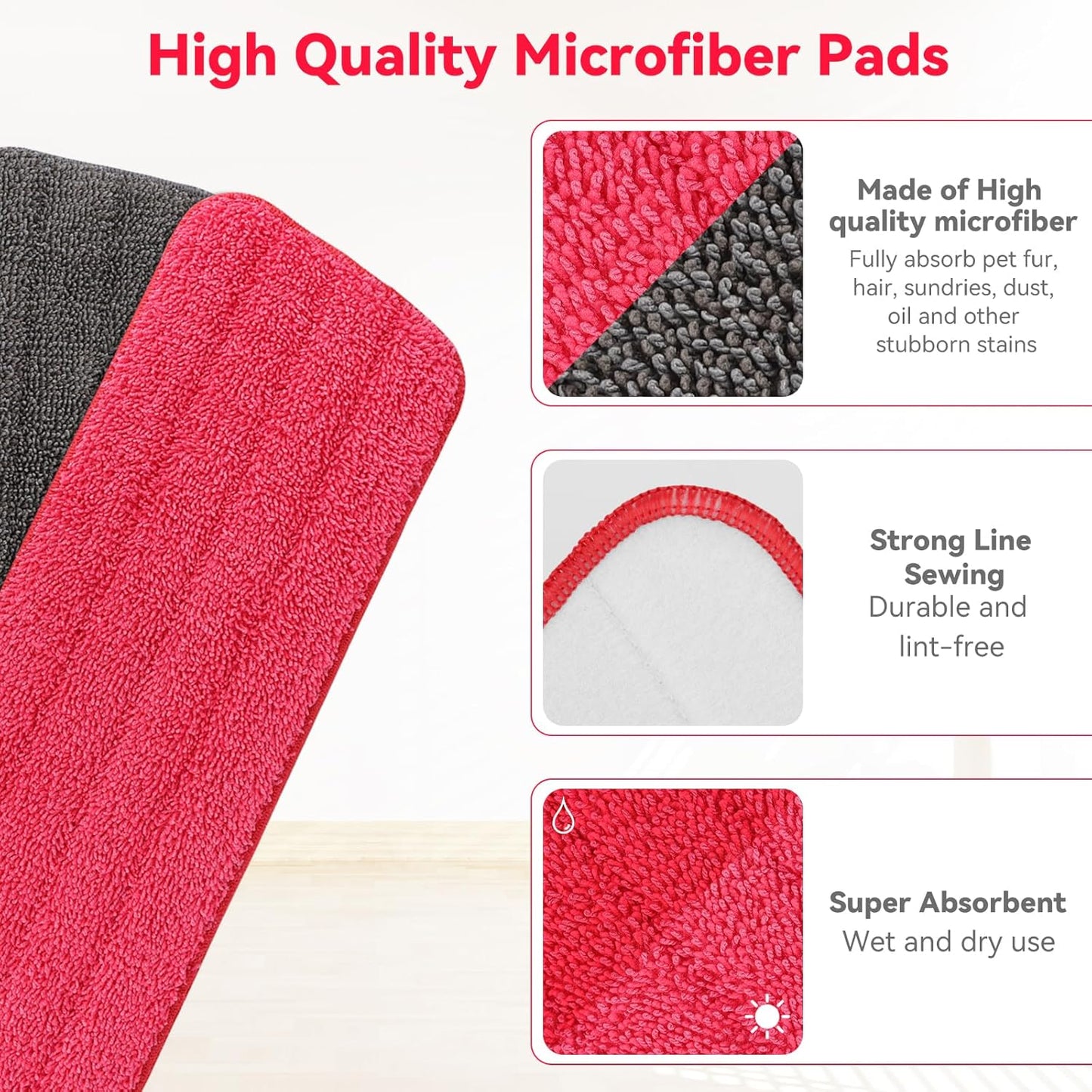 16.5 inch Microfiber Mop Pads for Rubbermaid Reveal Spray Mop and Any 16.5" Flat Mop - 10 Pack 13''-15'' Spray Mop Pad Reusable Washable Replacement Refills - Red & Grey