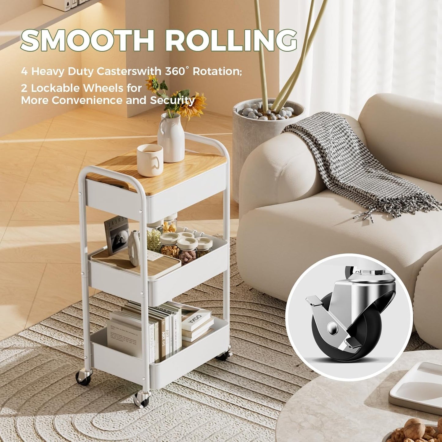 3 Tier Rolling Cart with Table top, Metal Rolling Utility Cart on Wheels, Sturdy Storage Organizer Cart with Hooks for Office, Classroom, Kitchen and Bathroom (White)