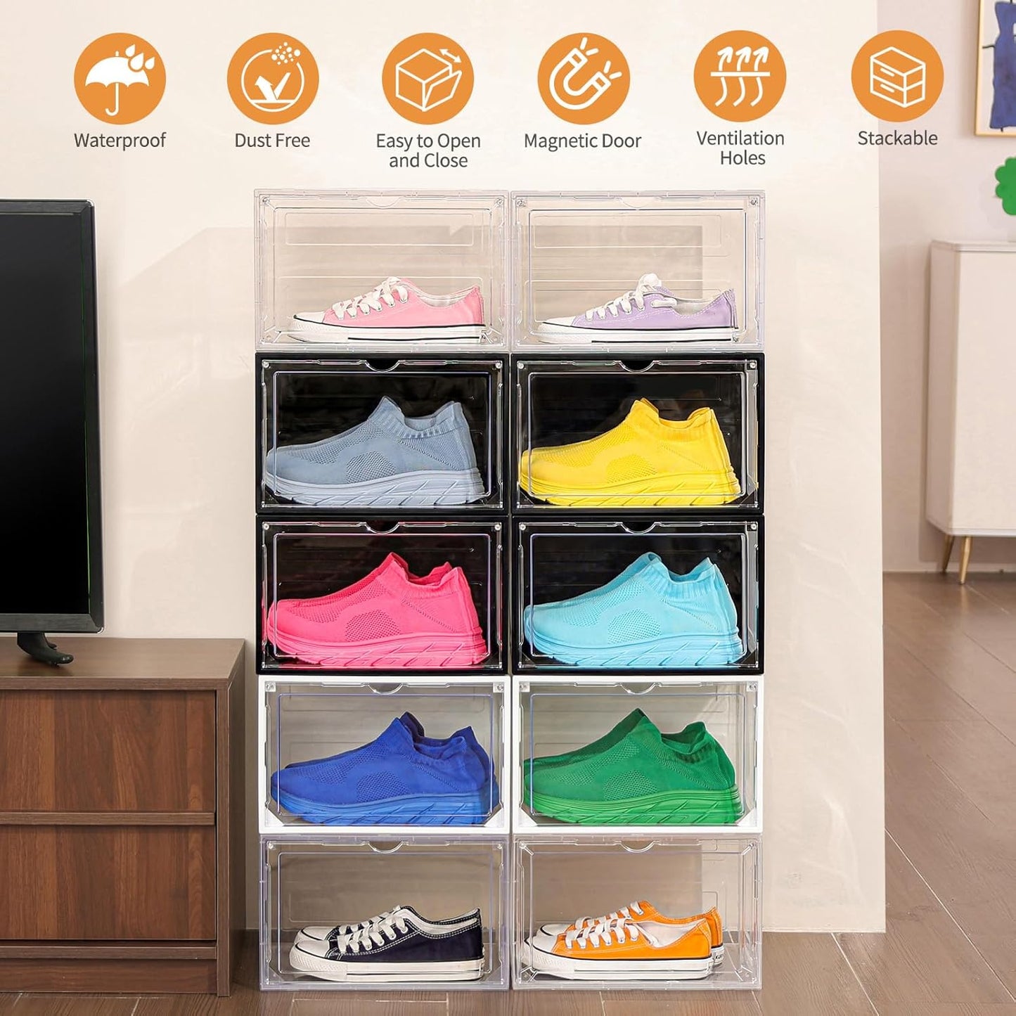 12 Pack Black Shoe Boxes Stackable,Large Shoe Storage Organizer with Magnetic Door,Drop Side Shoe Containers for Entryway,Sneaker Storage Fit up to US Size 12 for Men/Women(13’’x 10.62”x 8.26”