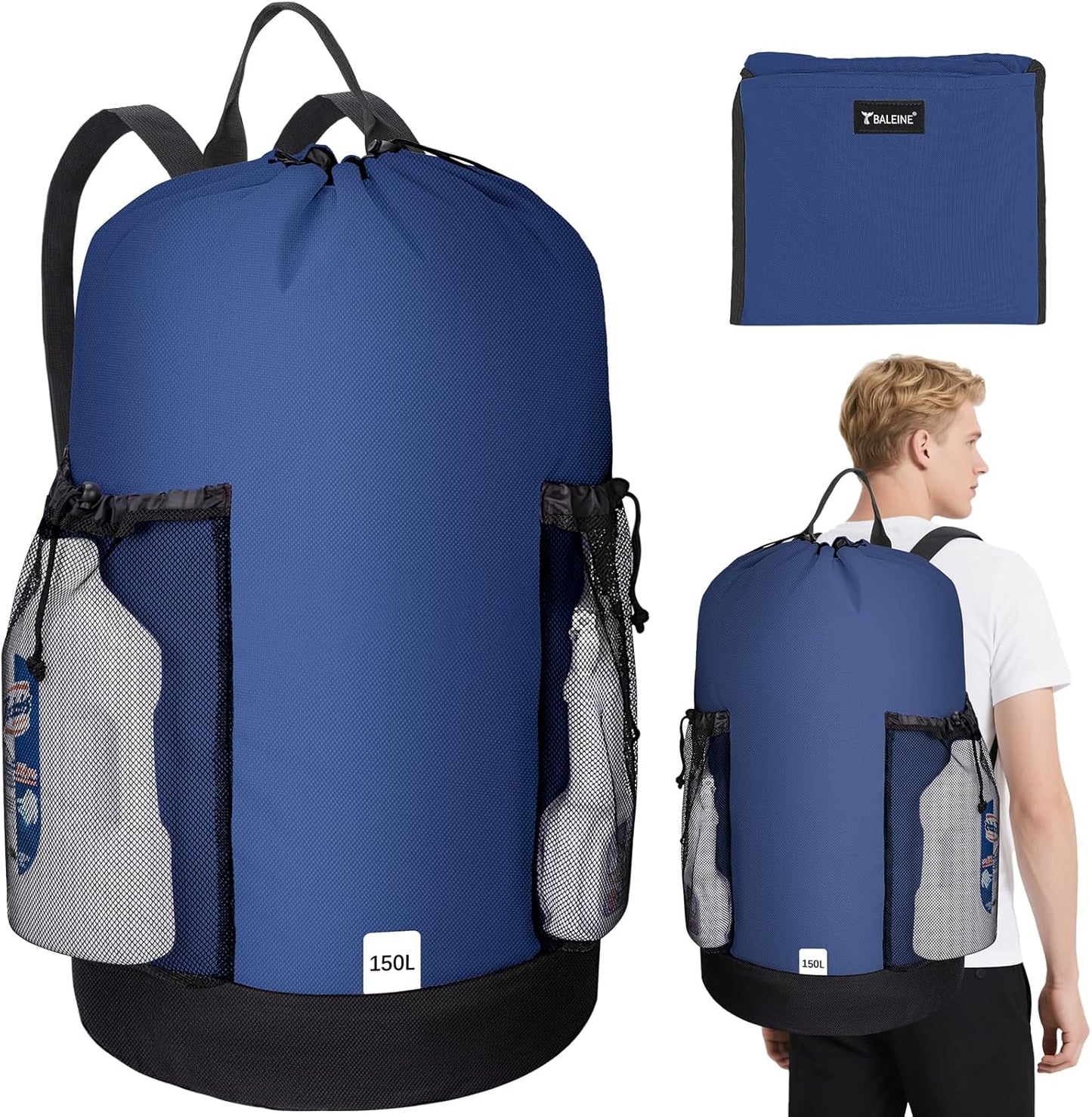 BALEINE 150L Laundry Bag Backpack, 900D Oxford Fabric Large Travel Laundry Bags with Shoulder Straps and 2 Mesh Pockets for College Dorm, Apartment, Laundromat (Navy, 150L)