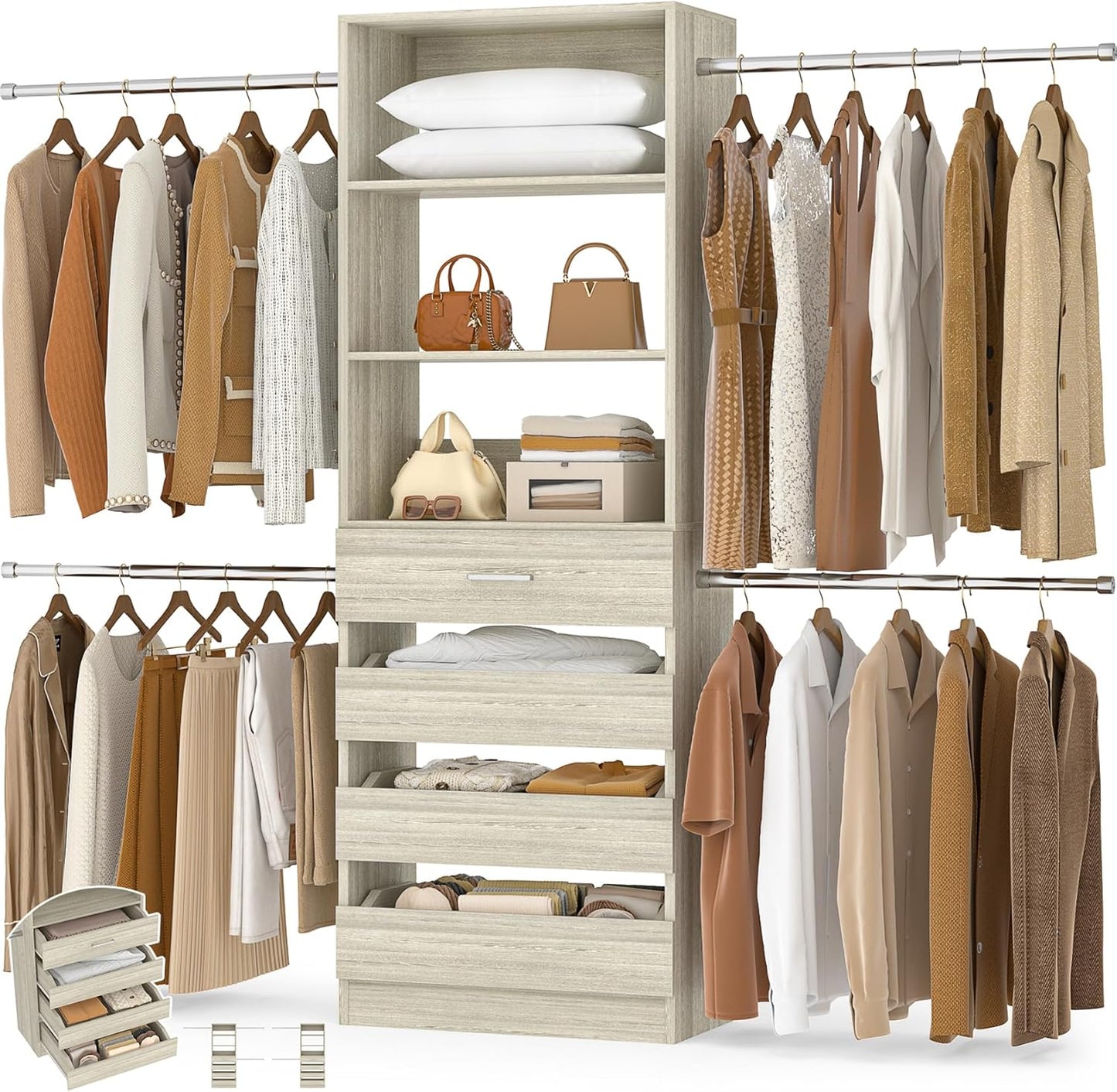Aheaplus Closet System, 4-9Ft Closet Organizer with 4 Wooden Drawers, Wood Closet Organizer System with Tower, Walk-in Closet Organizer Wardrobe Garment Clothes Rack with 4 Hanging Rods, 2White Oak