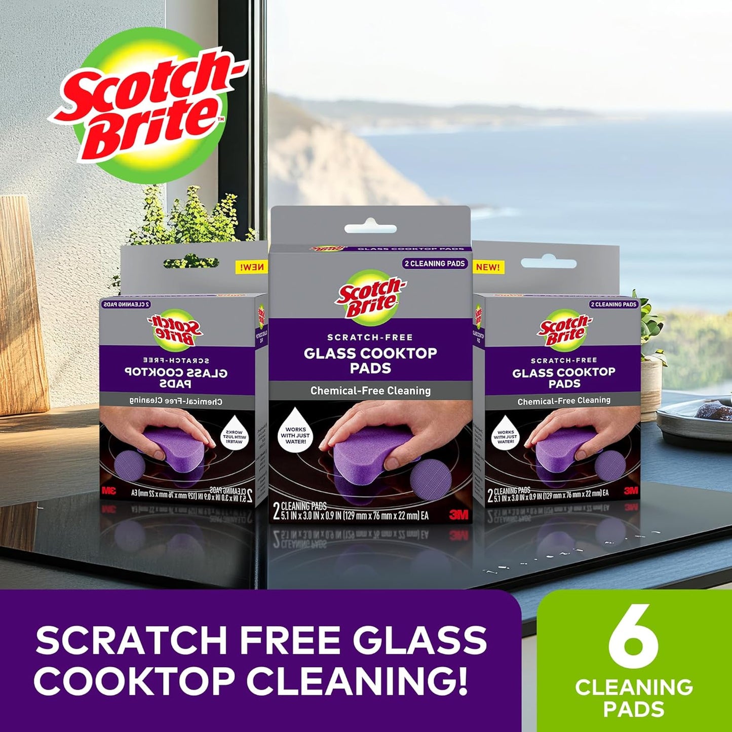 Scotch-Brite Glass Cooktop Pads, Scratch-Free & Non-Abrasive Scrubbers for Glass or Ceramic Stovetops, Cleans Burnt-On Messes with Just Water, Reusable Dishwasher-Safe Design (6 Pads)