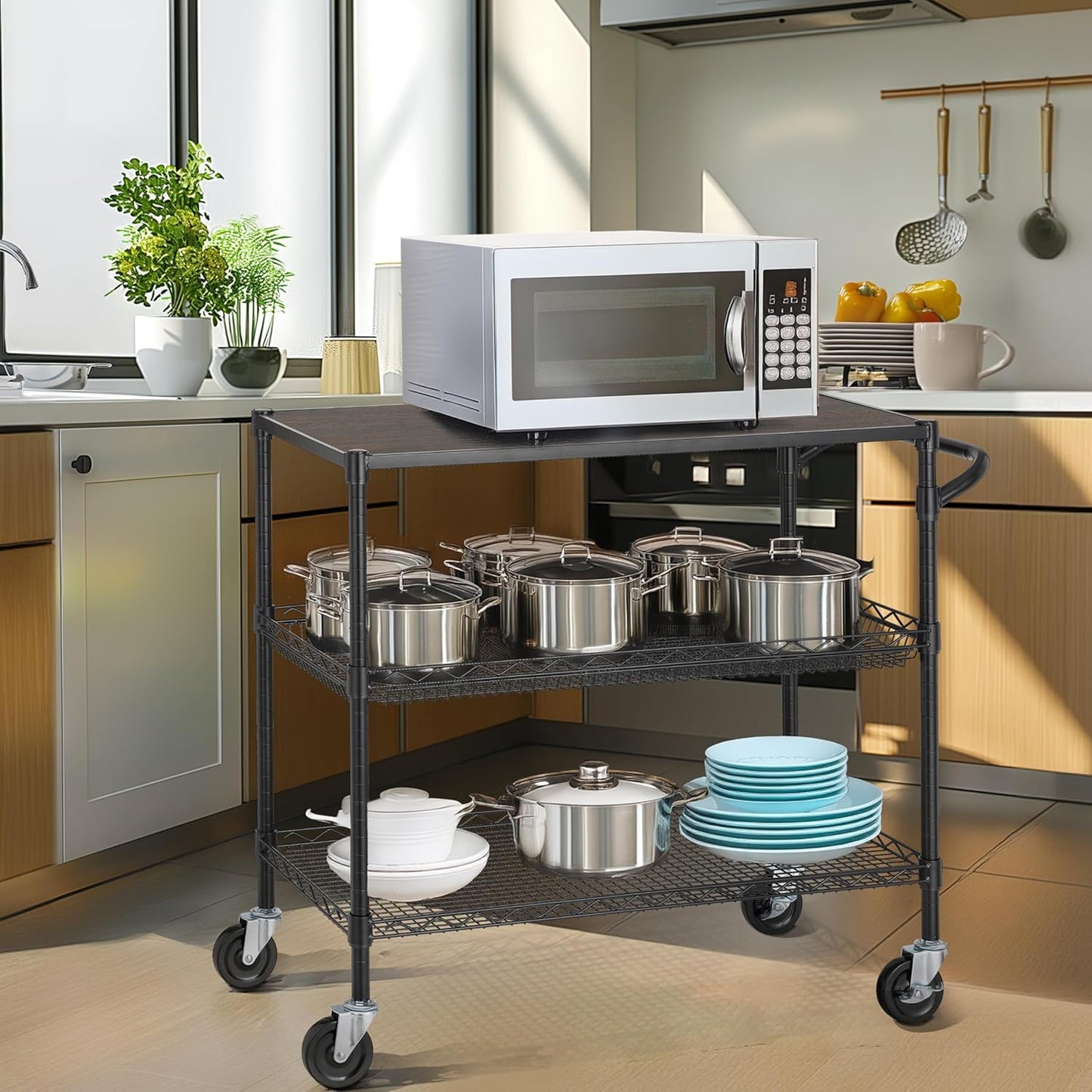 Finnhomy 3 Tier Heavy Duty Commercial Grade Utility Cart with Wood Top, Wire Rolling Cart with Wheels and Handle Bar, Kitchen Carts on Wheels, 18x36x35.4 H Metal Cart with 600 LBS Capacity, Black