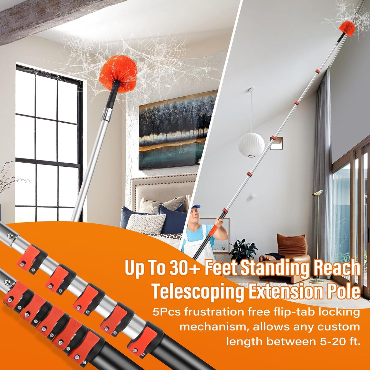 30FT Reach Cobweb Duster with Extension Pole,Spider Web Brush for Cleaning with 5-24FT Telescoping Pole,5-Stage Lightweight & Sturdy Telescopic Web Cobweb Duster Pole for Outdoor Indoor Use