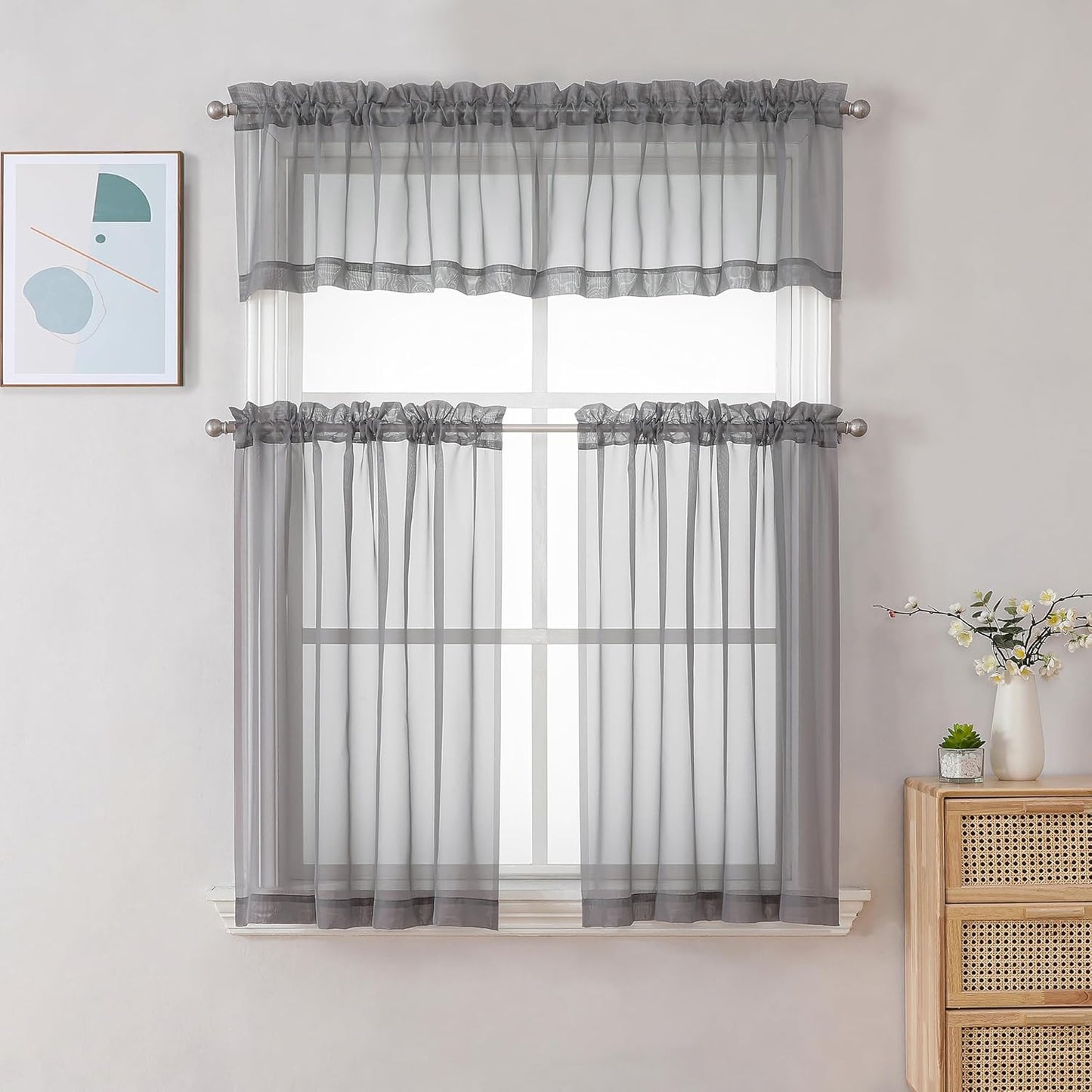 Chyhomenyc Charcoal Grey Sheer Curtains 30 inch Length 2 Panels, Light Filtering Voile Rod Pocket Short Window Curtians for Bathroom Living Room Farmhouse Small Windows, 42Wx30L inches