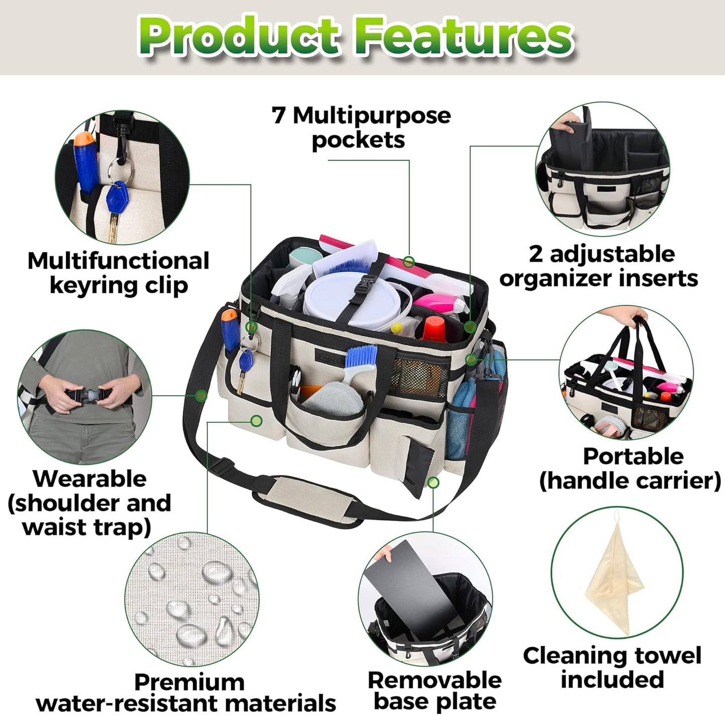 Cleaning Caddy Organizer with Handle - Large Caddy Bag for House & Bathroom Cleaning Supplies, 15 x 8 x 10.5 inches Cleaning Supply Caddy, Housekeeping Tote with Adjustable Strap - Beige