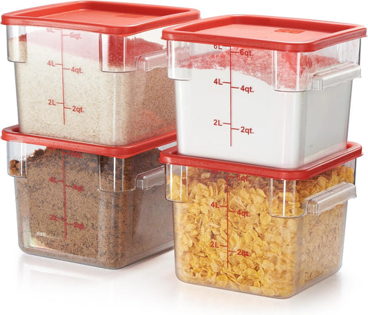 CURTA 4 Pack Food Storage Container with Red Lid - NSF Commercial Grade in 6.0 Qt - Square, Clear, Polycarbonate