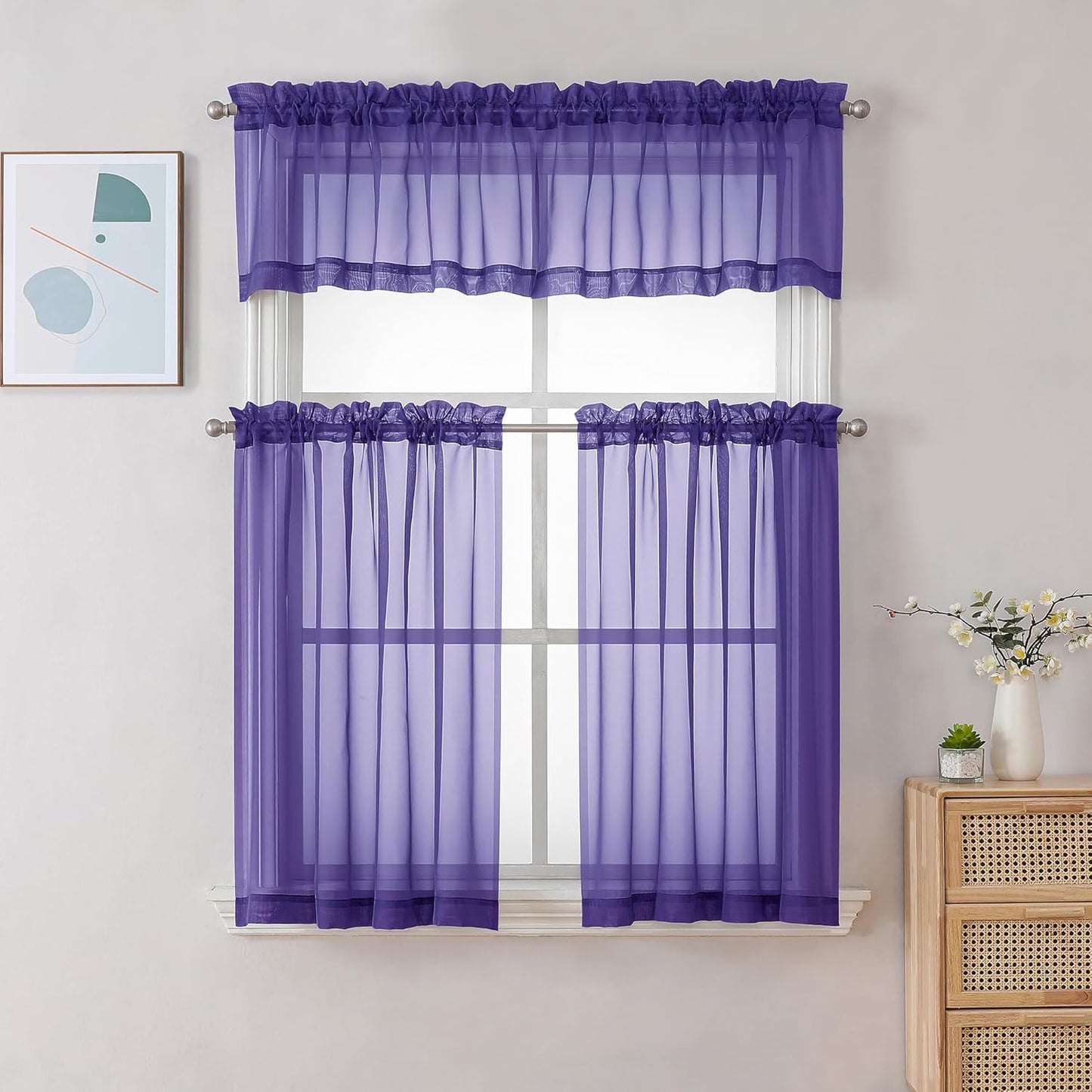 Chyhomenyc Sheer Purple Tier Curtains 24 Inch Length, Small Window Curtains Treatment for Bathroom Living Room Basement, Short Rod Pocket Cafe Curtain, 42W x 24L Inches, 2 Panels