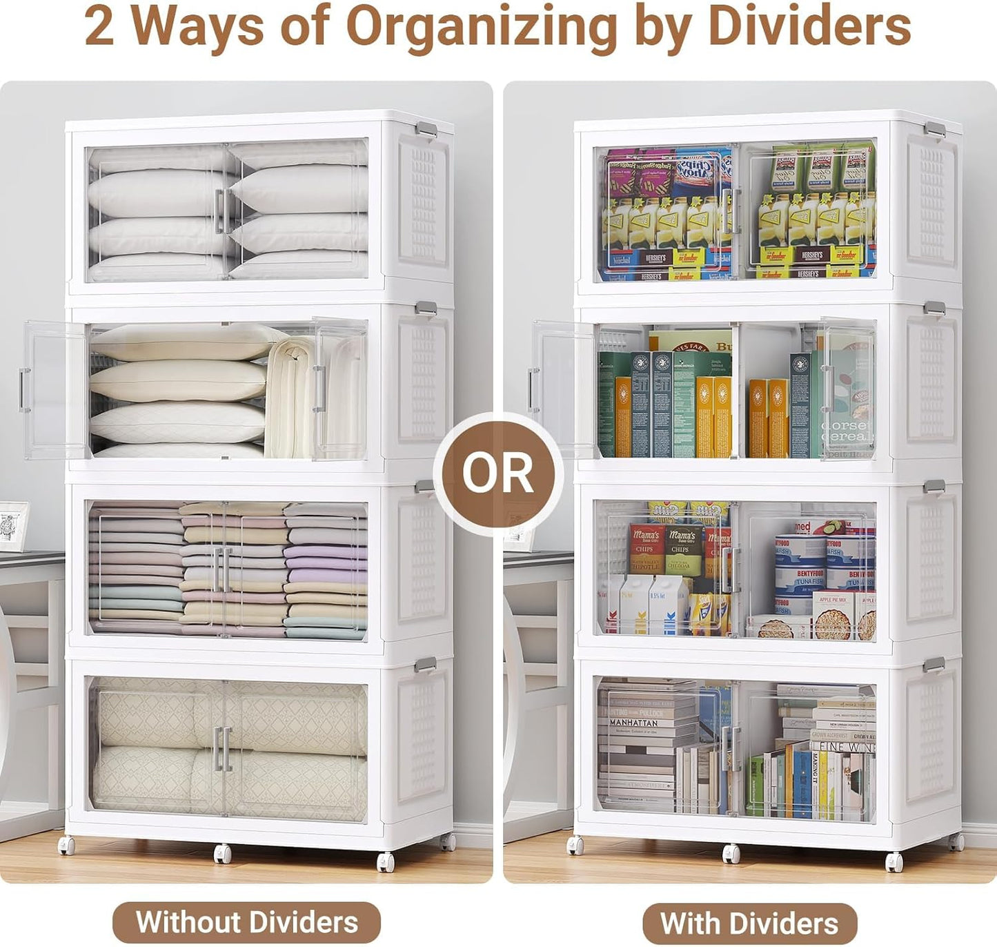 BROVIEW 69.3"H 200Gal Plastic Storage Bins with Lid & Wheels,4Pack Extra Large Stackable Storage Bins with Dividers,Closet Organizers and Storage Cabinet Collapsible Box Shelves for Home Kitchen,White