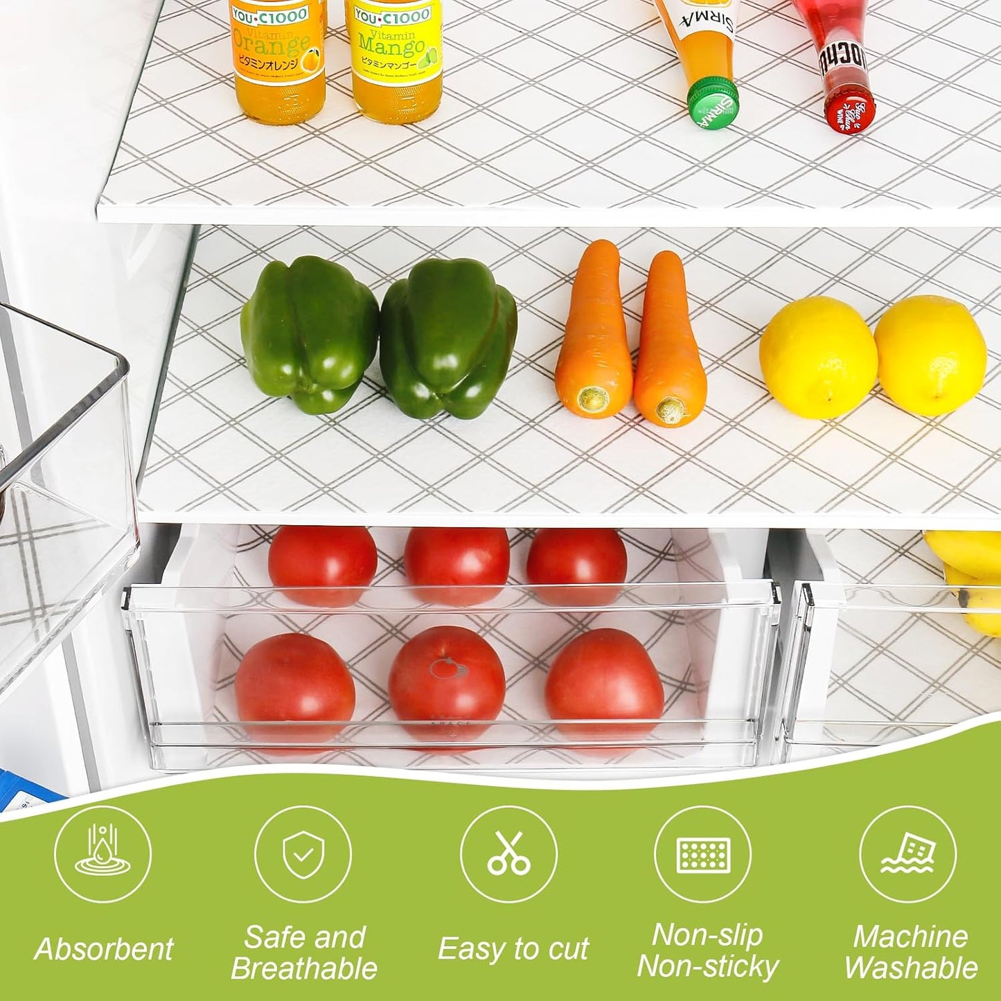 Cooyes 12pcs 12" x 24" Refrigerator Liners, Premium Absorbent Fridge Bin Liners Non-Slip Washable, Refrigerator Drawer Liners and Mats for Glass Shelves, Kitchen Cabinets, Non-Adhesive