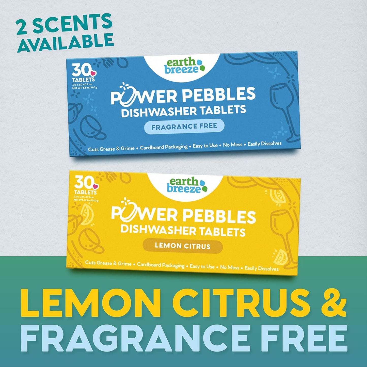 Earth Breeze Power Pebbles Dishwasher Tablets, Tough on Grease, Gentle on Dishes, Lemon Citrus Dish Detergent & Dishwasher Cleaner, Kitchen Cleaning Supplies for Sparkling Results, 90 Tabs (3-Pack)