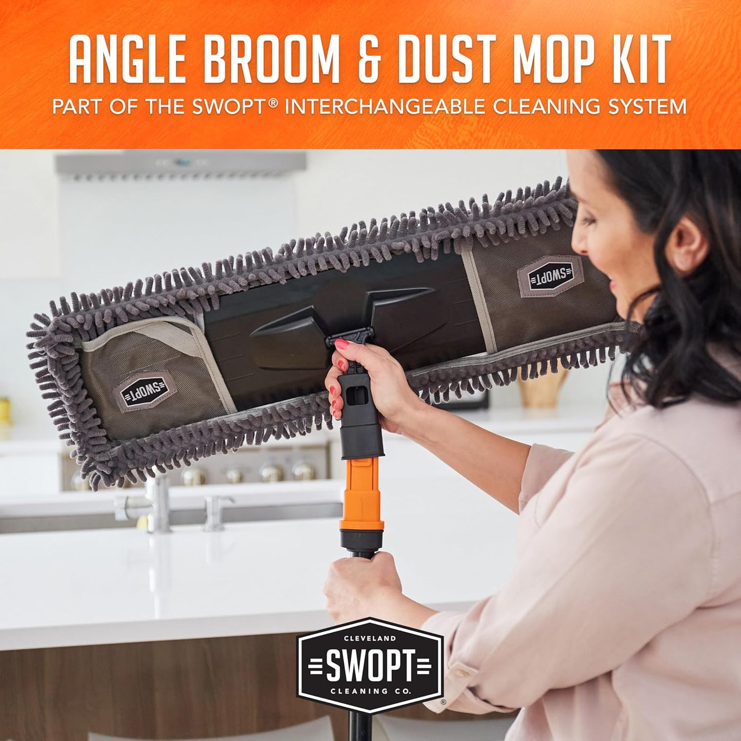 SWOPT 24” Microfiber Dust Mop, Angle Broom + 48” & 60" Steel Handles, Combo — Cleaning Heads with Long Handles Interchangeable with All SWOPT Cleaning Products — Clean Hard-to-Reach Areas