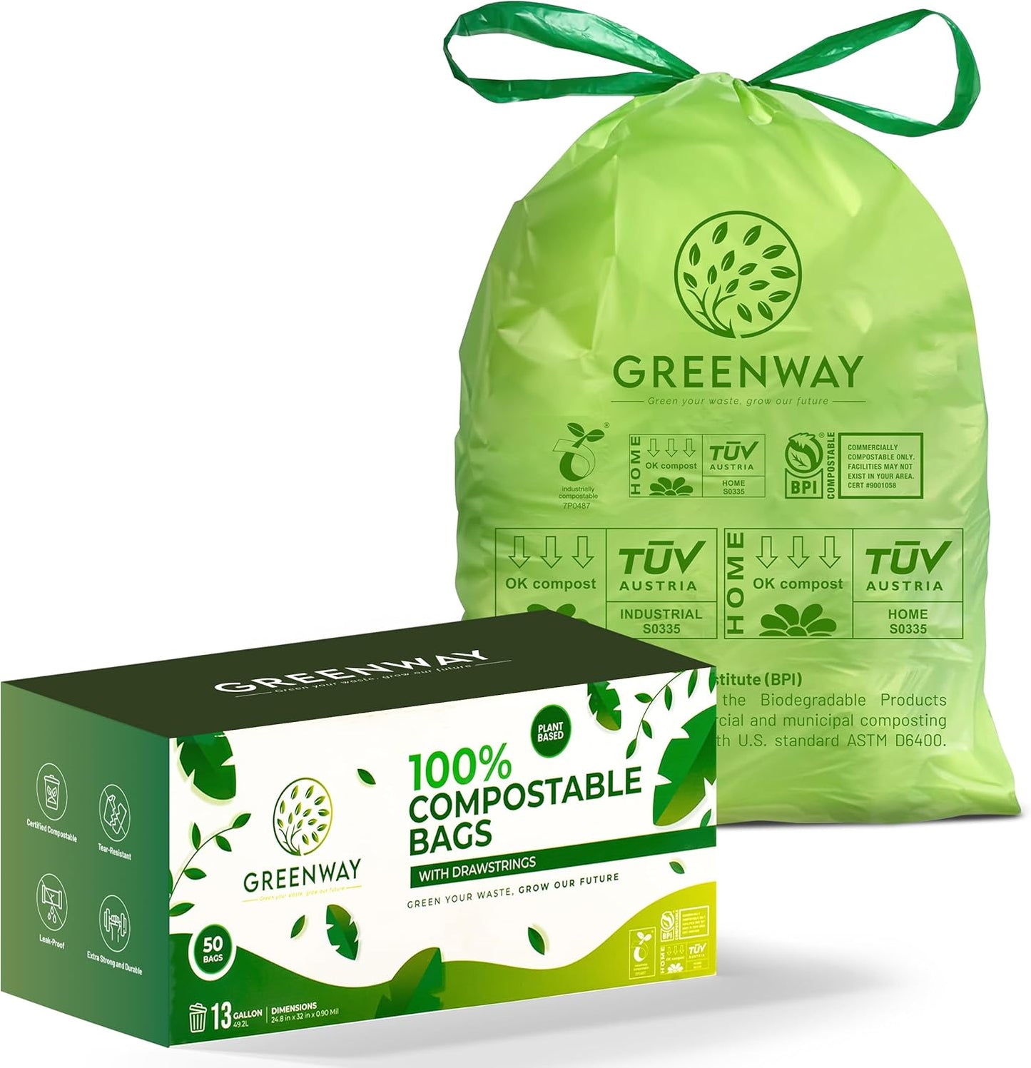 GREENWAY 13 Gallon Compostable Trash Bags Drawstring, 50 Bags, Heavy Duty Extra Thick 0.90 Mil, Tall Kitchen Food Scrap Waste Bags, US BPI and Europe OK Compost Home Certified